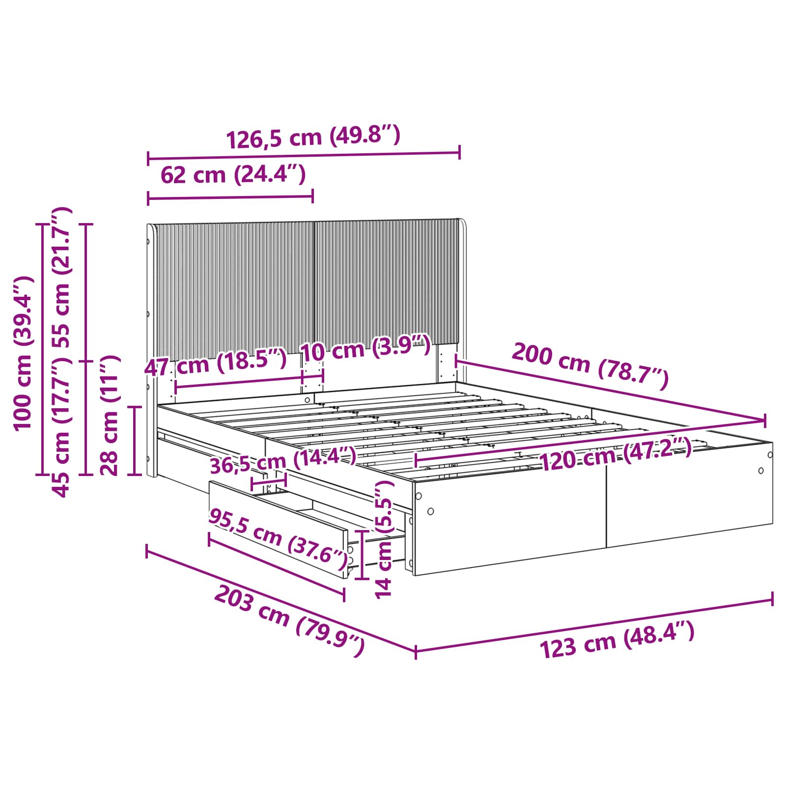 Bedframe met opbergruimte en hoofdbord Gerookt eiken – afbeelding 11