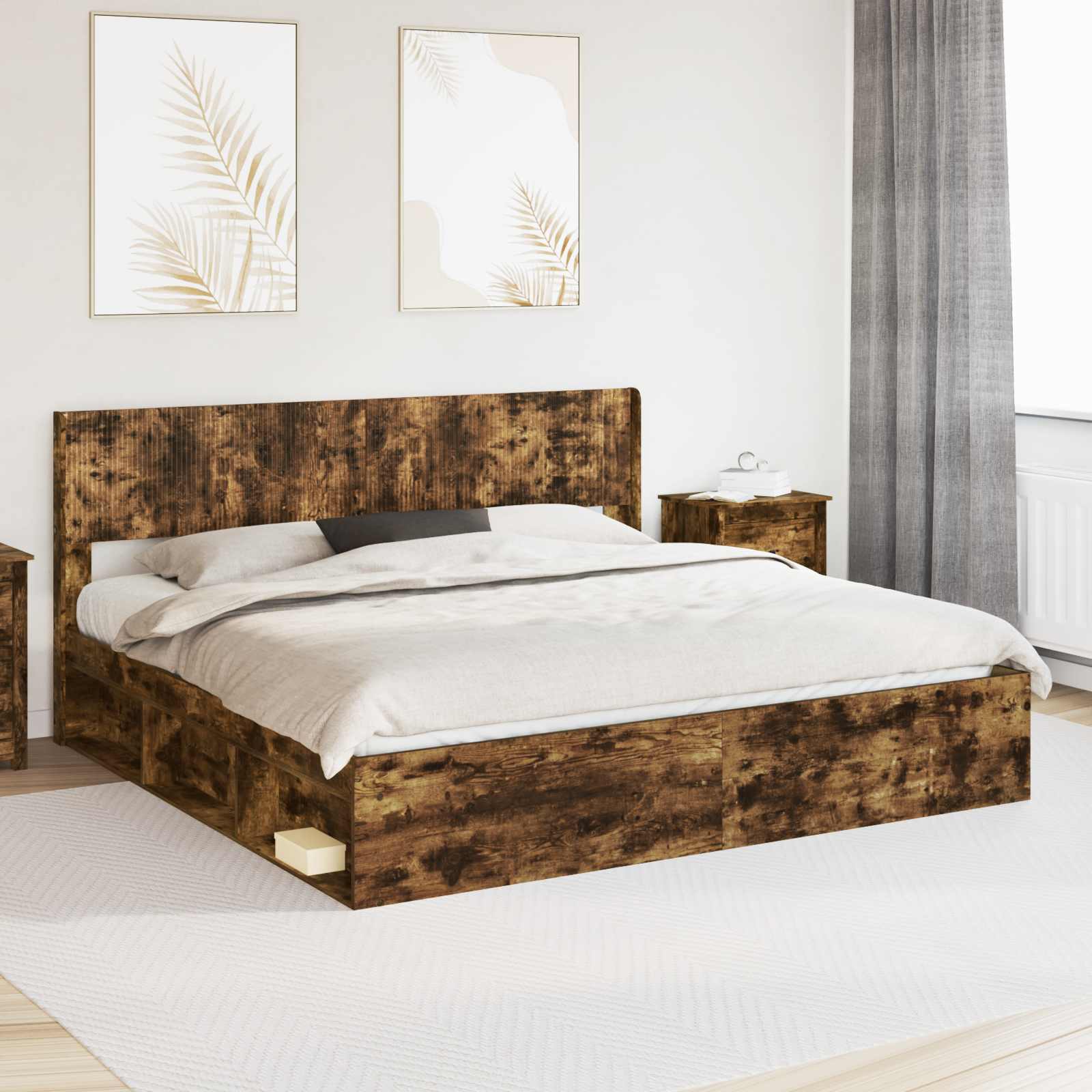Bedframe met opbergruimte en hoofdbord Gerookt eiken