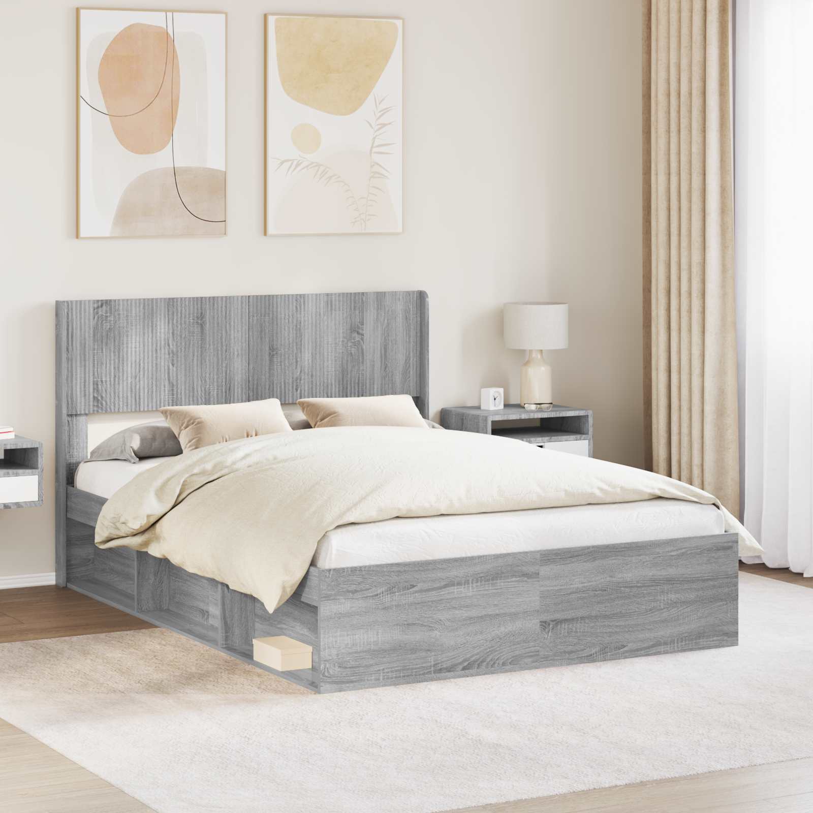 Bedframe met opbergruimte en hoofdbord Grijs Sonoma