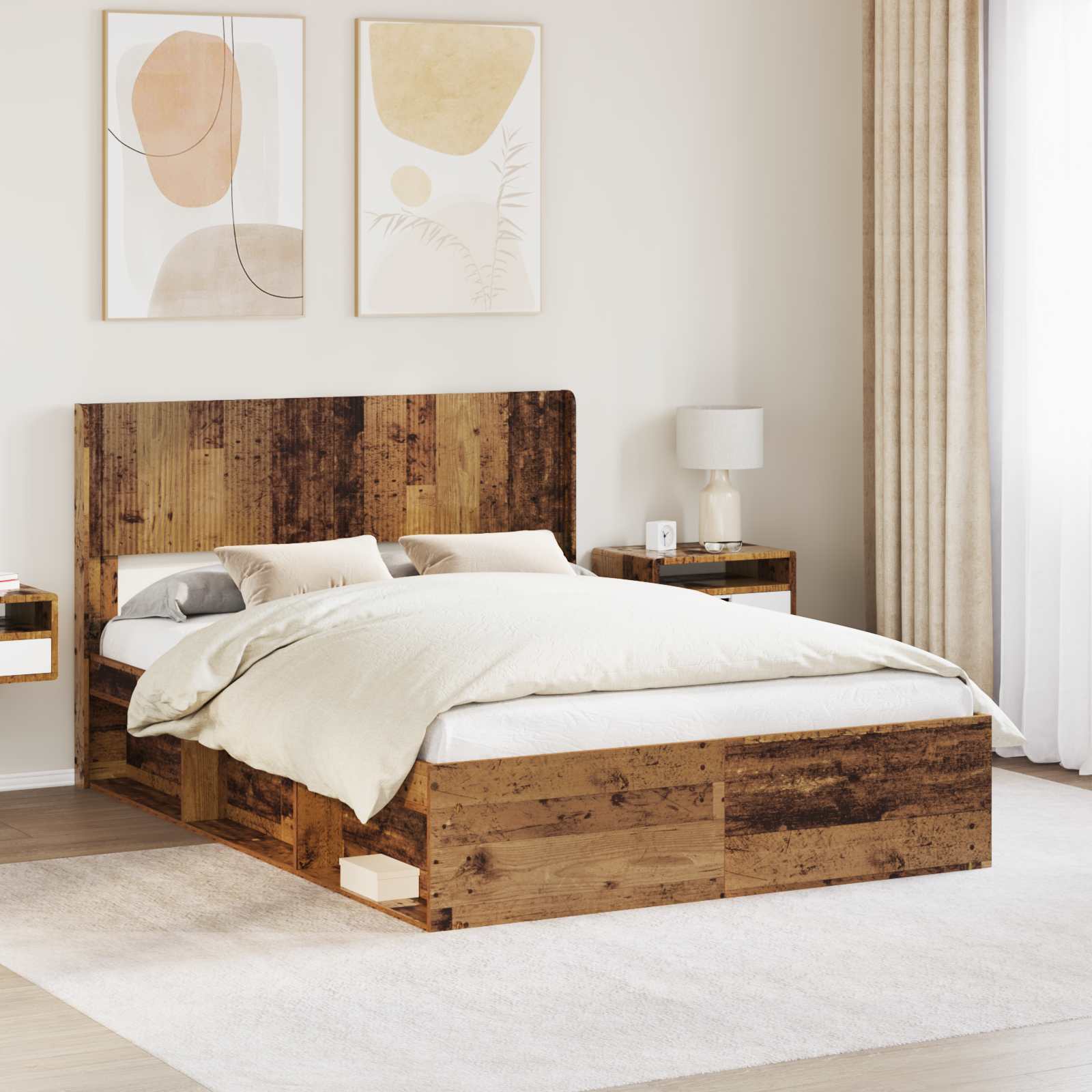 Bedframe met opbergruimte en hoofdbord Oud hout 140 x 190 cm – afbeelding 1