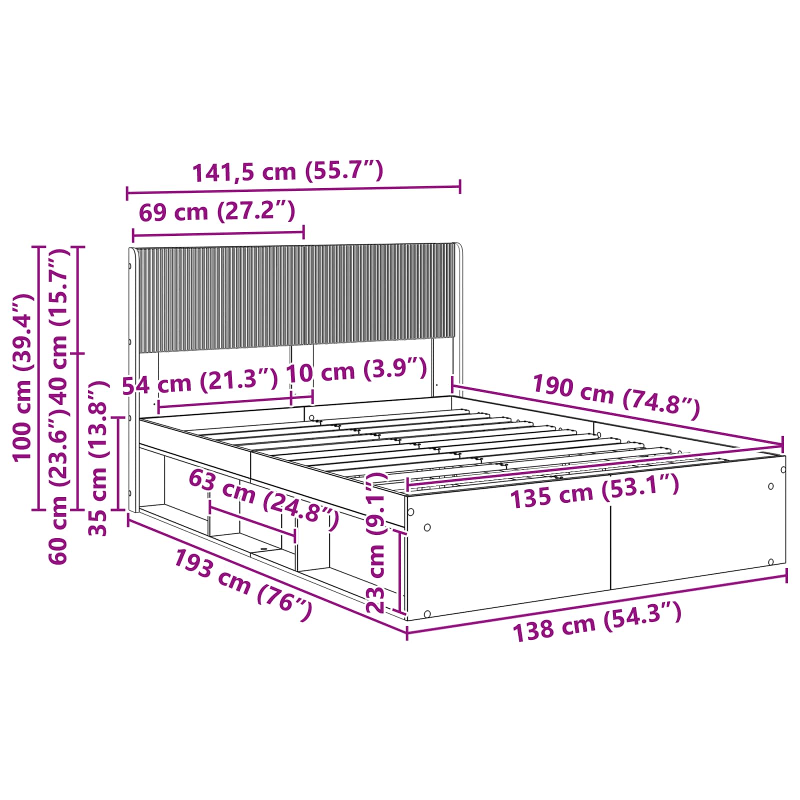 Bedframe met opbergruimte en hoofdbord Oud hout 135 x 190 cm – afbeelding 10