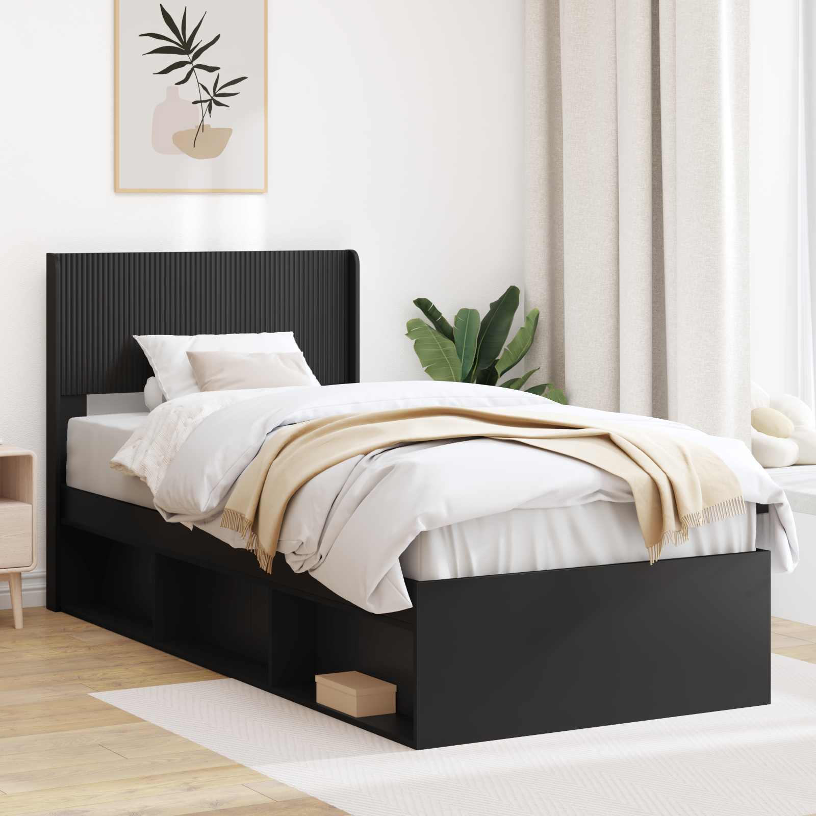 Bedframe met opbergruimte en hoofdbord Zwart 100 x 200 cm – afbeelding 1