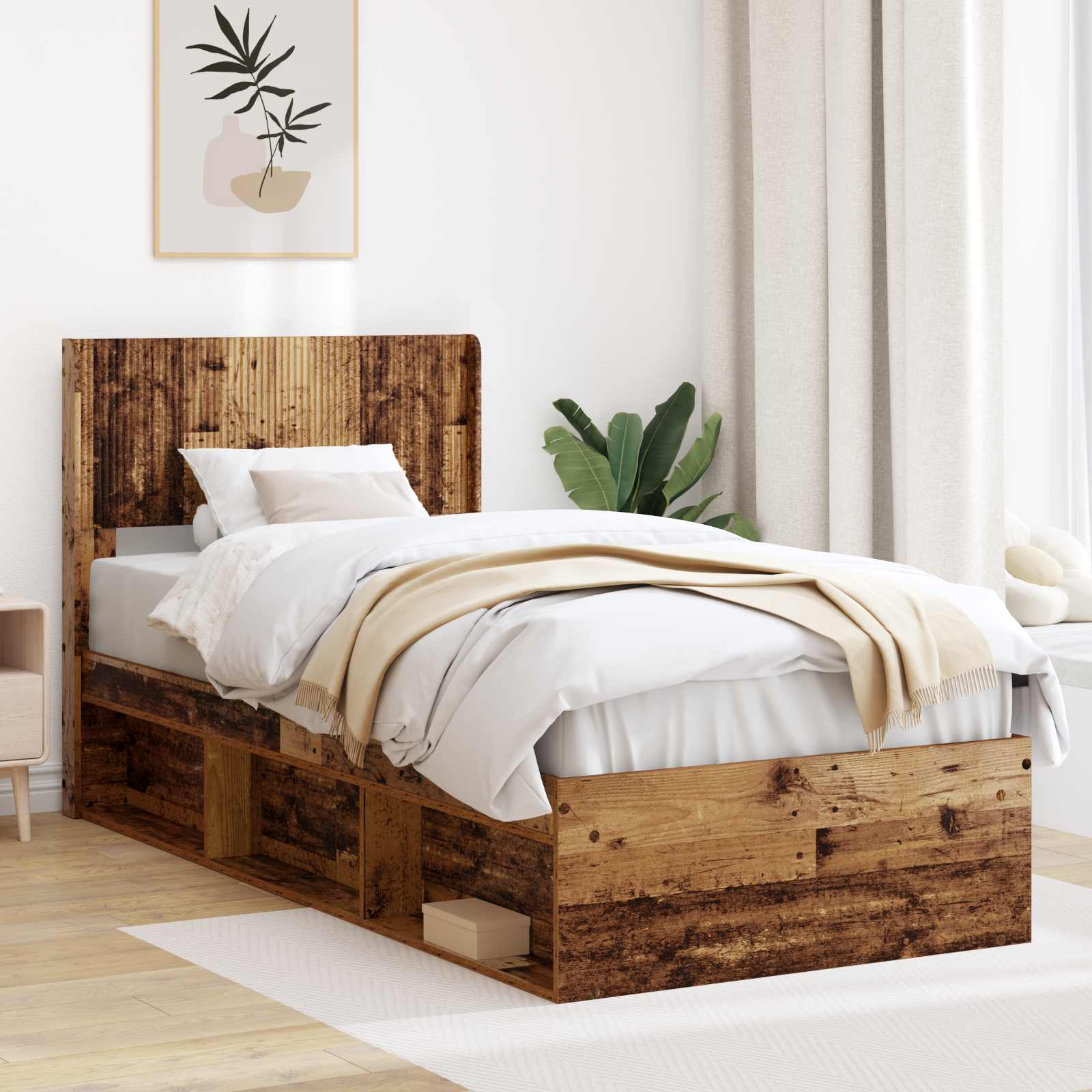 Bedframe met opbergruimte en hoofdbord Oud hout 100 x 200 cm – afbeelding 1