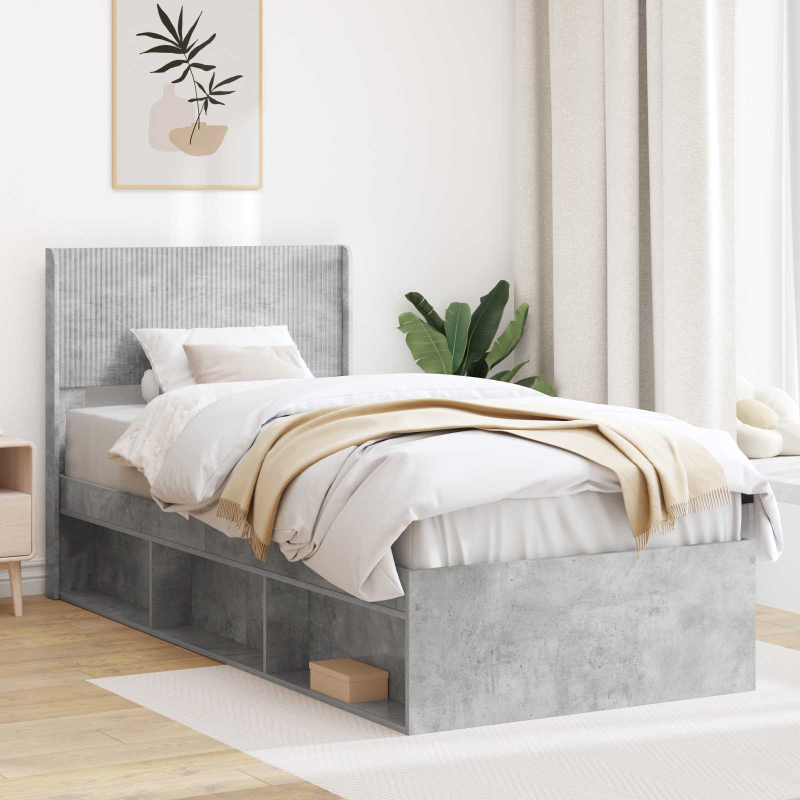 Bedframe met opbergruimte en hoofdbord Betongrijs 90 x 190 cm – afbeelding 1
