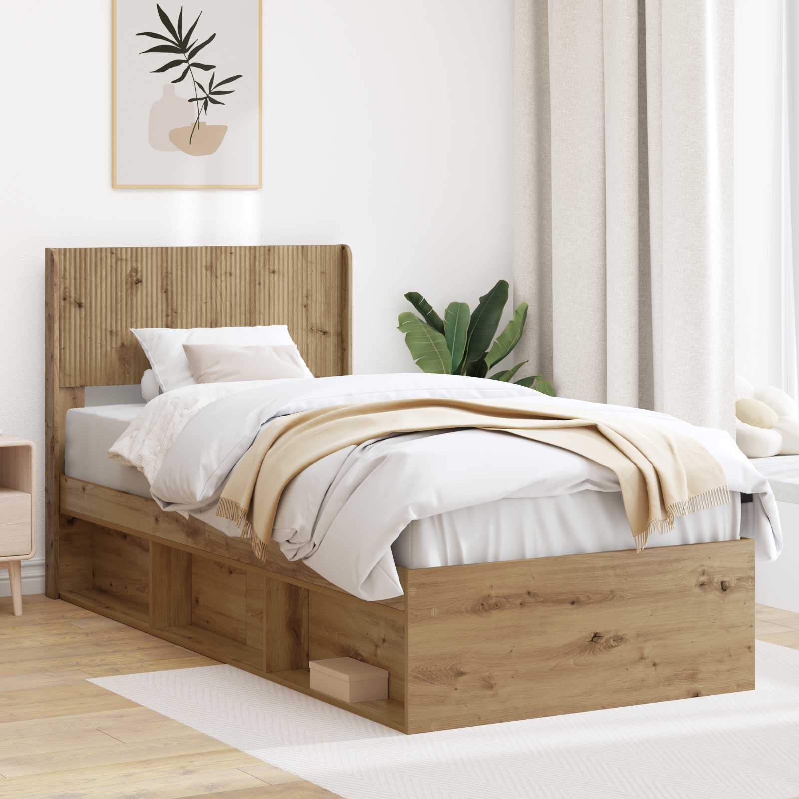 Bedframe met opbergruimte en hoofdbord Artisanaal eiken – afbeelding 1