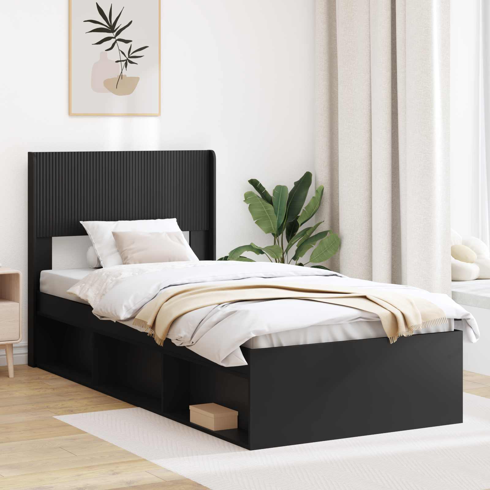 Bedframe met opbergruimte en hoofdbord Zwart 75 x 190 cm