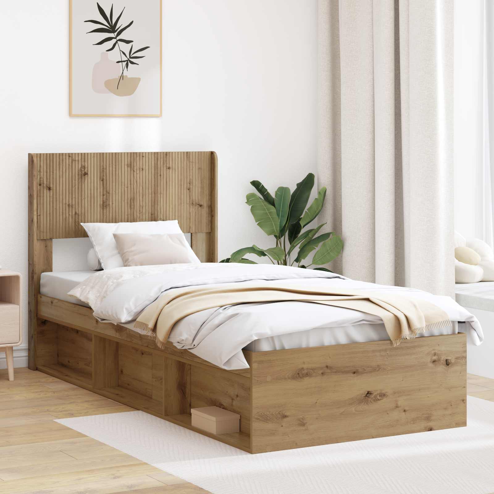 Bedframe met opbergruimte en hoofdbord Artisanaal eiken