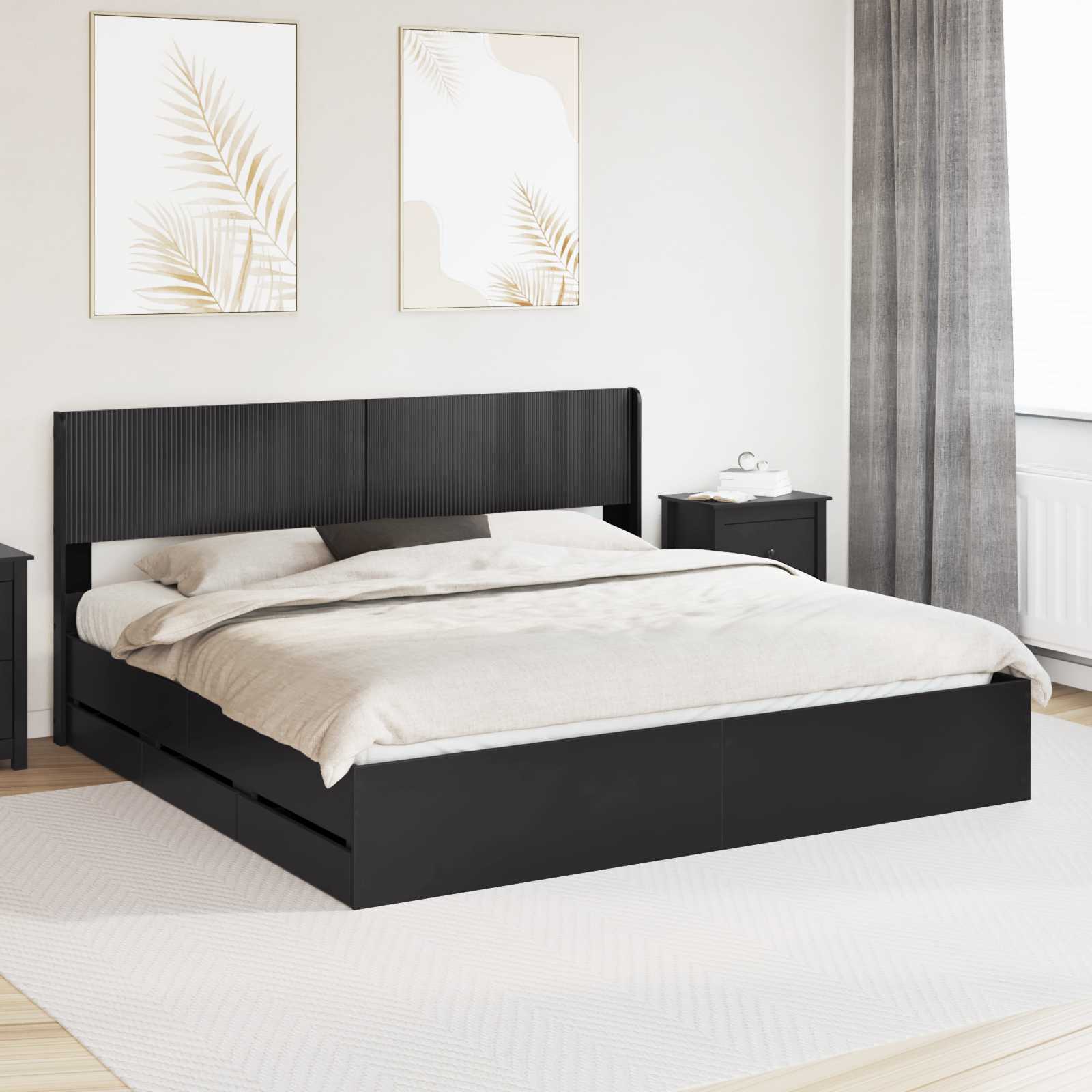 Bedframe met opbergruimte en hoofdbord Zwart 200 x 200 cm – afbeelding 1