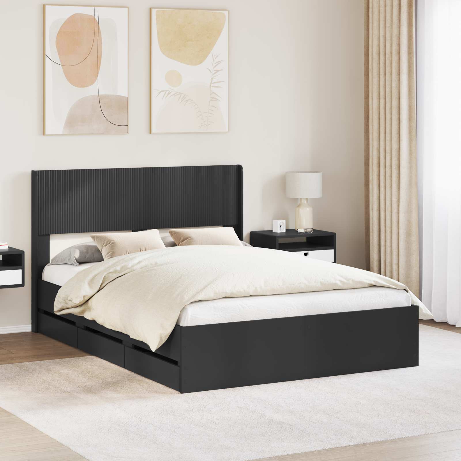Bedframe met opbergruimte en hoofdbord Zwart 160 x 200 cm – afbeelding 1