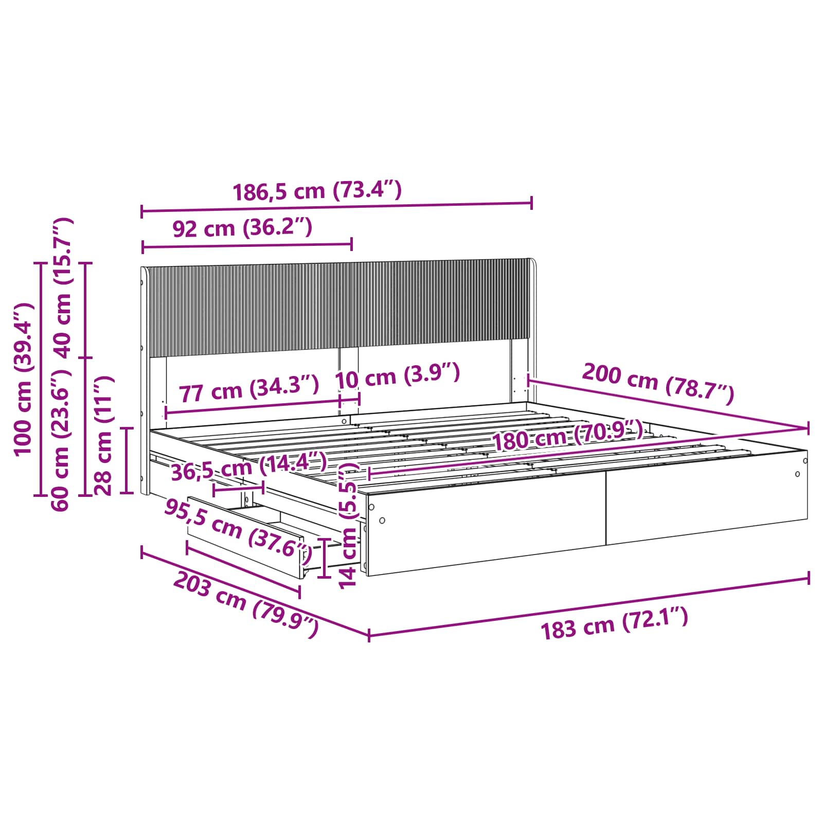 Bedframe met opbergruimte en hoofdbord Betongrijs 180 x 200 cm – afbeelding 10