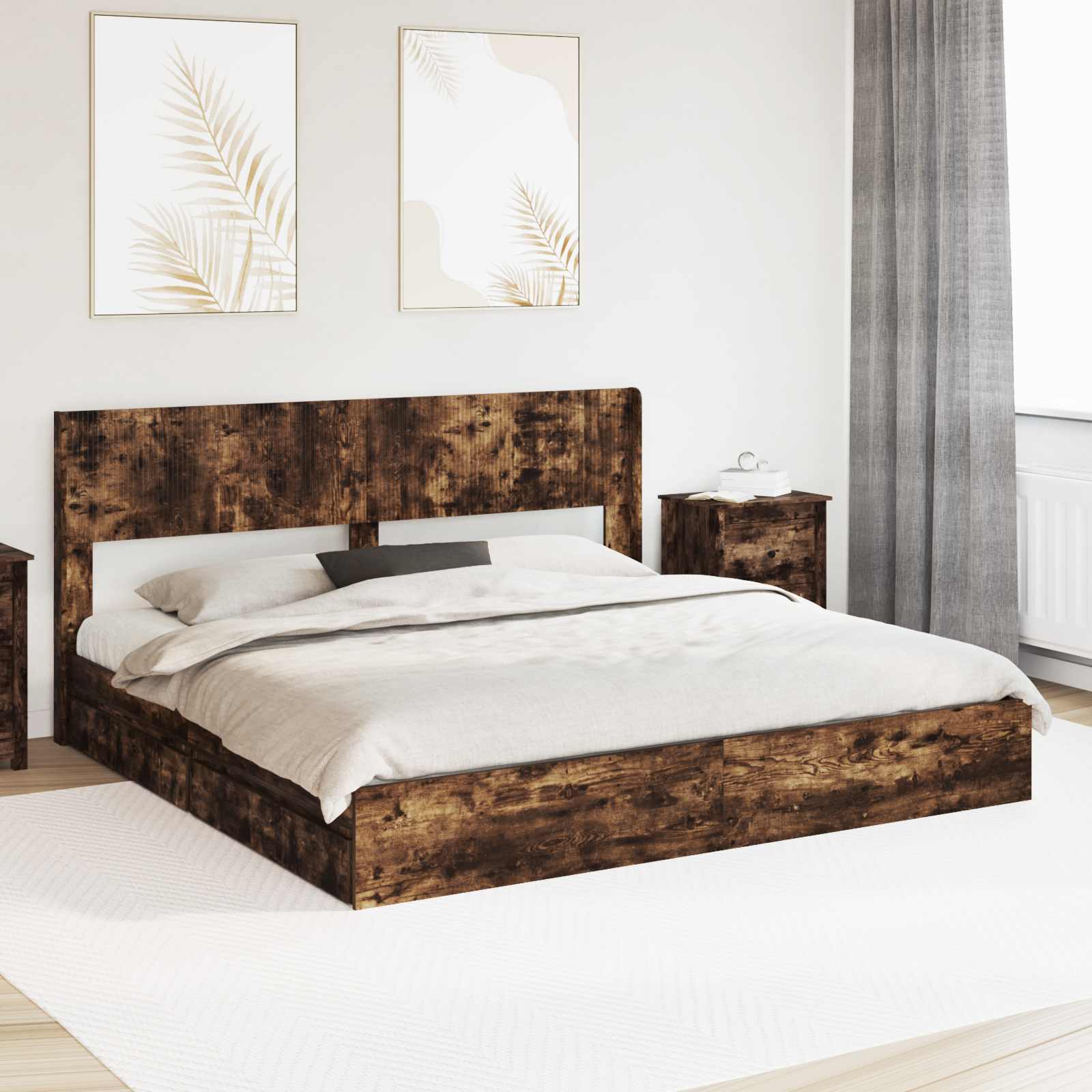 Bedframe met opbergruimte en hoofdbord Gerookt eiken – afbeelding 1