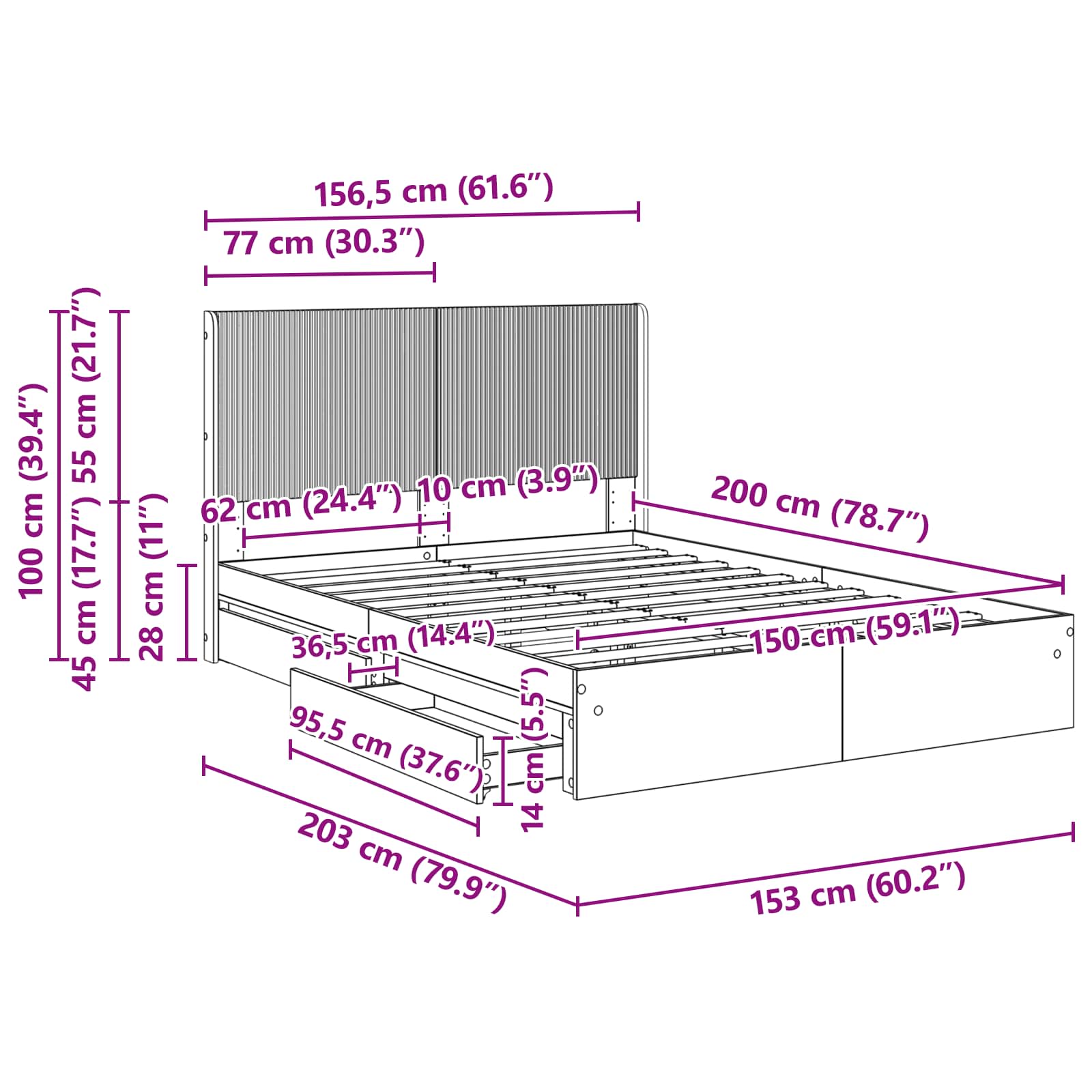 Bedframe met opbergruimte en hoofdbord Wit 150 x 200 cm – afbeelding 11