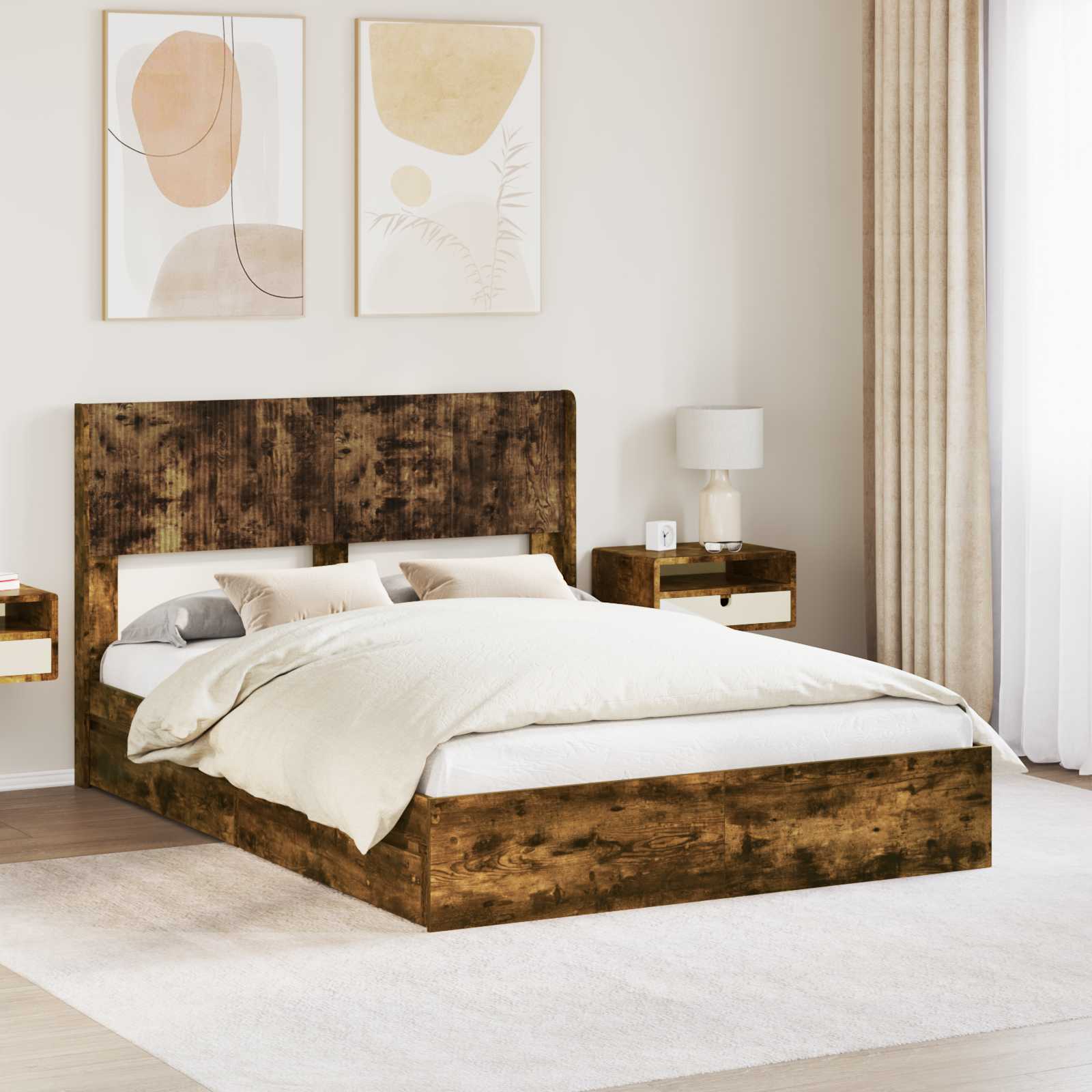 Bedframe met opbergruimte en hoofdbord Gerookt eiken – afbeelding 1