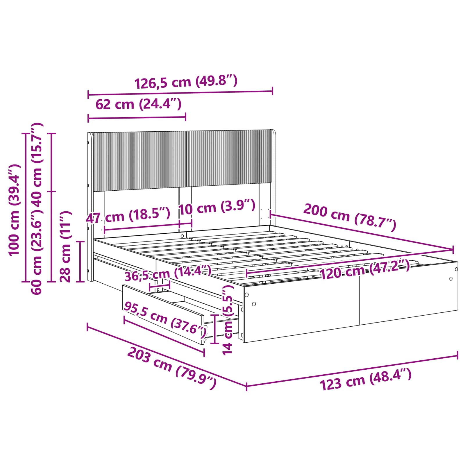 Bedframe met opbergruimte en hoofdbord Gerookt eiken – afbeelding 12
