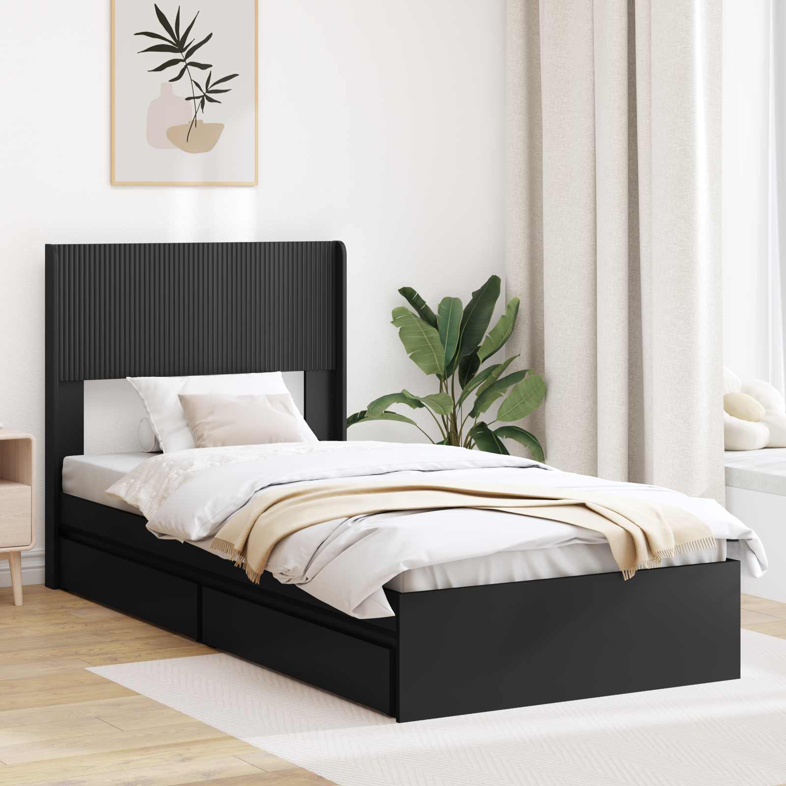 Bedframe met opbergruimte en hoofdbord Zwart 75 x 190 cm