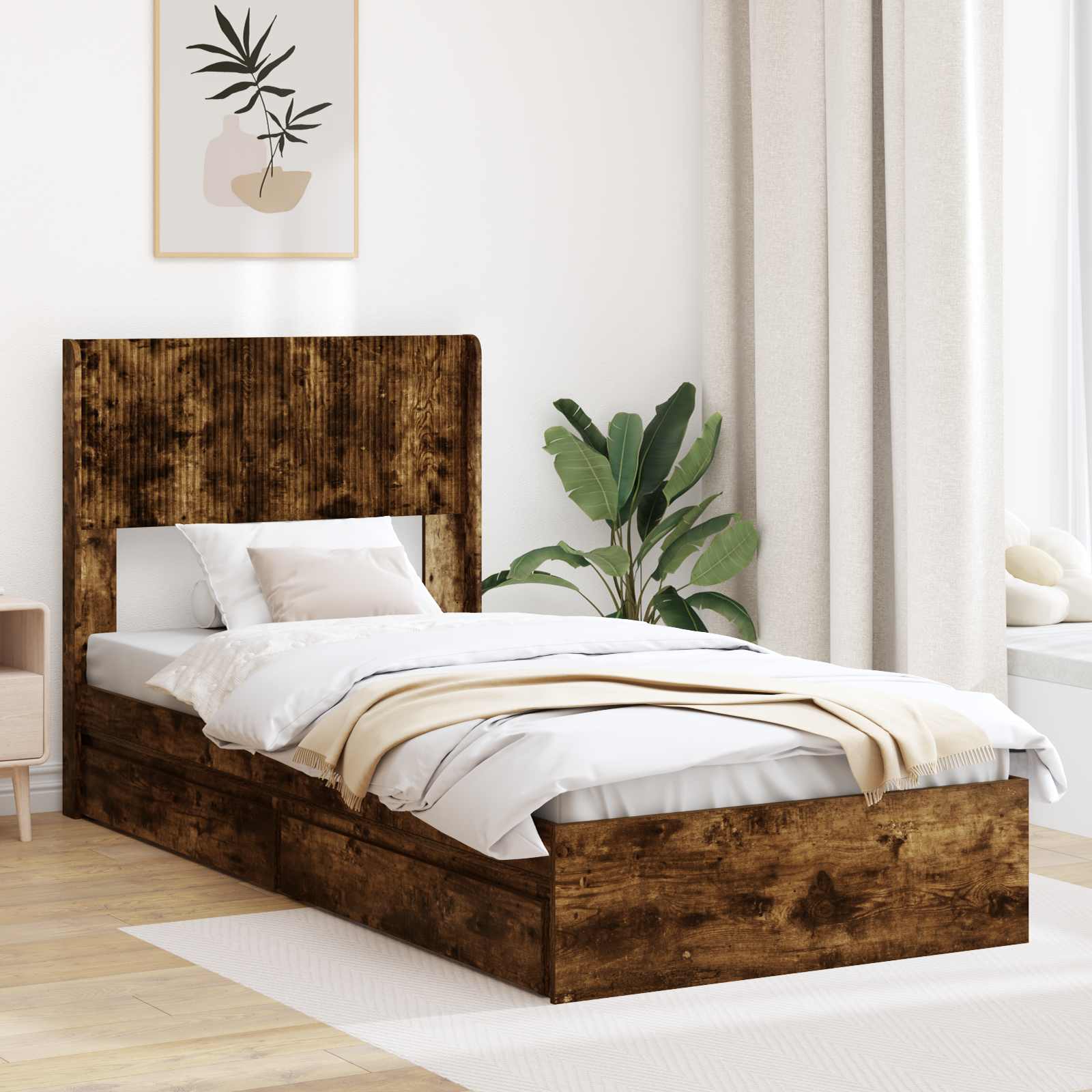 Bedframe met opbergruimte en hoofdbord Gerookt eiken