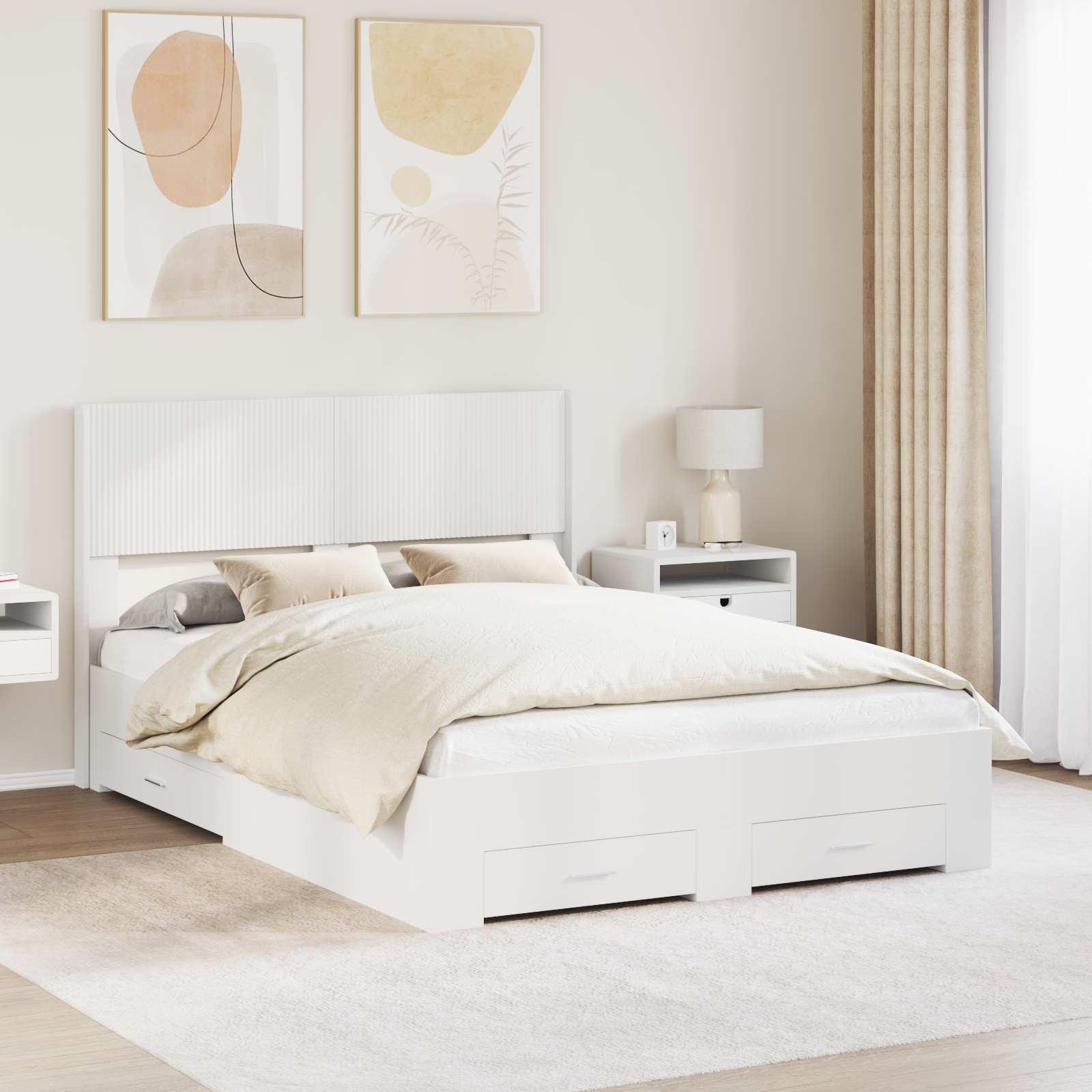 Bedframe met opbergruimte en hoofdbord Wit Bewerkt hout – afbeelding 1