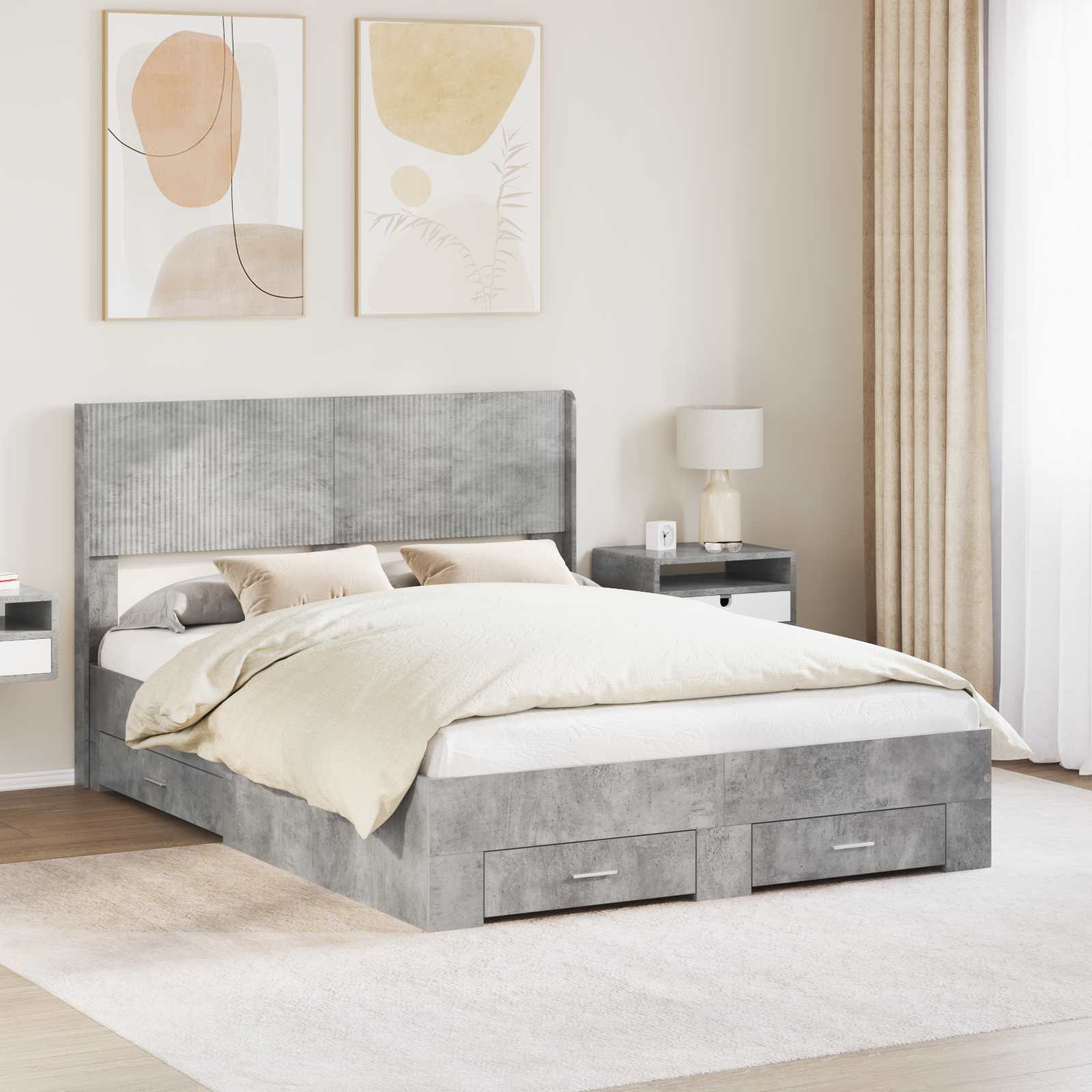 Bedframe met opbergruimte en hoofdbord Betongrijs Bewerkt hout