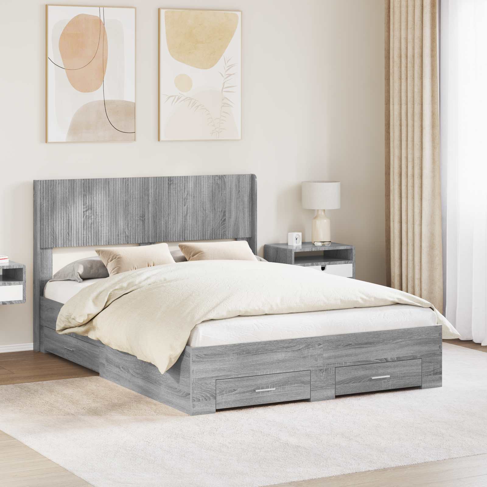 Bedframe met opbergruimte en hoofdbord Grijs Sonoma