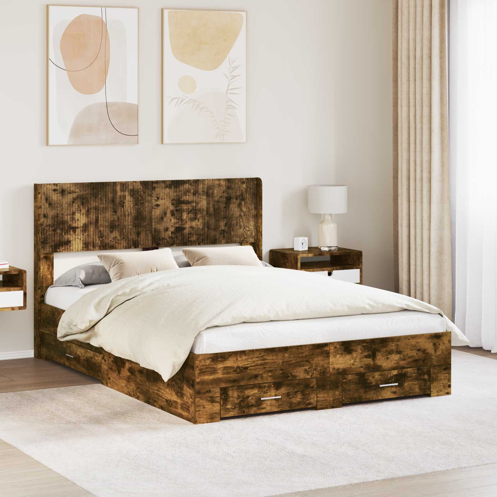 Bedframe met opbergruimte en hoofdbord Gerookt eiken – afbeelding 1
