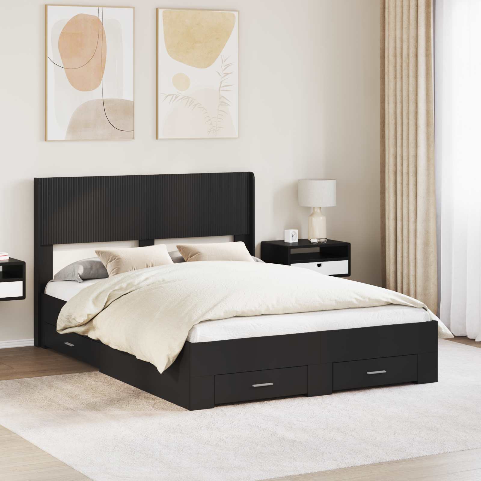 Bedframe met opbergruimte en hoofdbord Zwart 135 x 190 cm – afbeelding 1