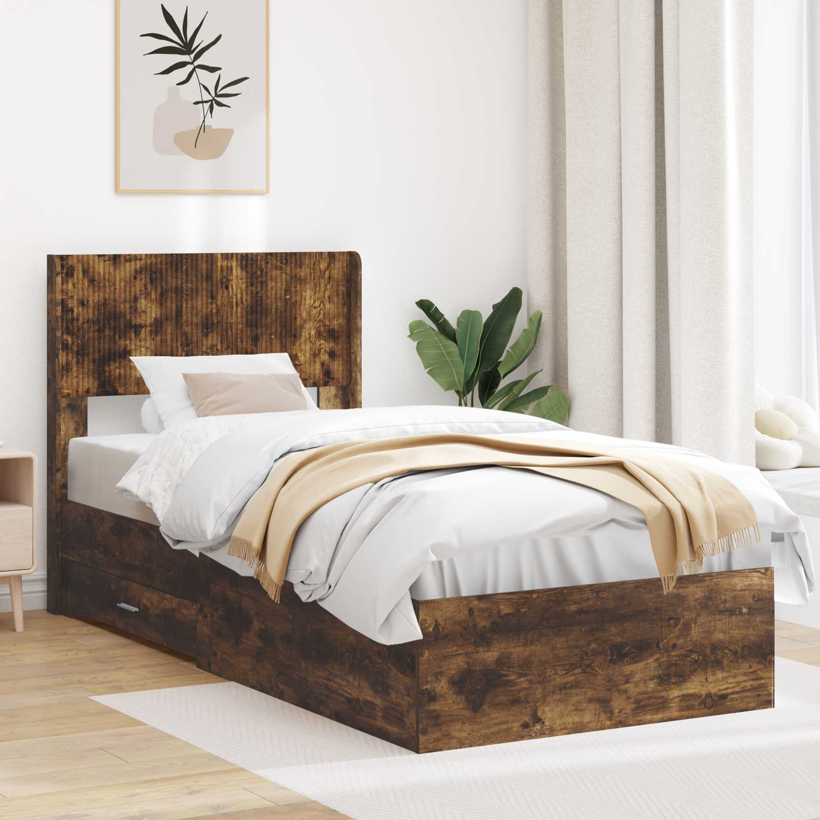 Bedframe met opbergruimte en hoofdbord Gerookt eiken – afbeelding 1
