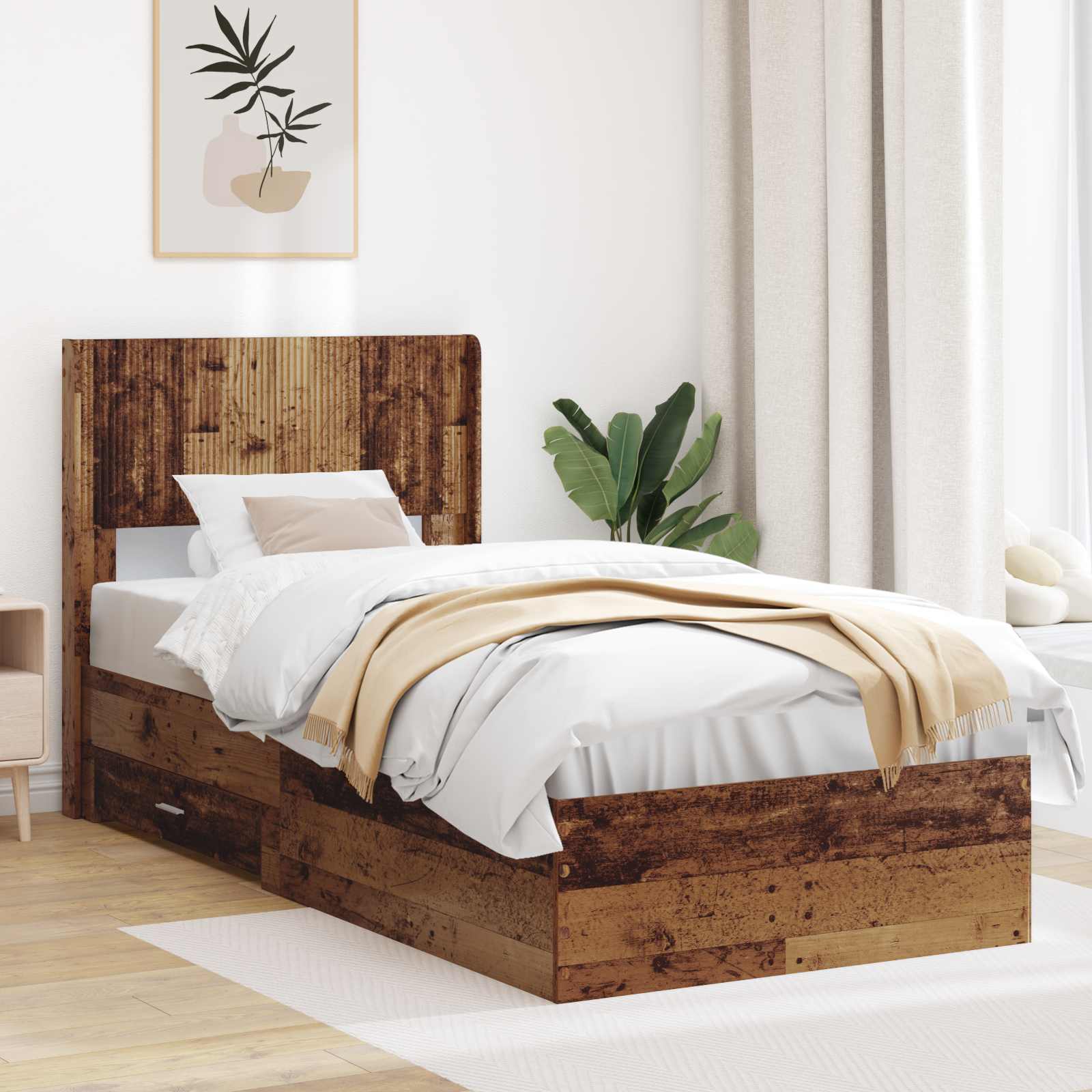 Bedframe met opbergruimte en hoofdbord Oud hout 100 x 200 cm – afbeelding 1
