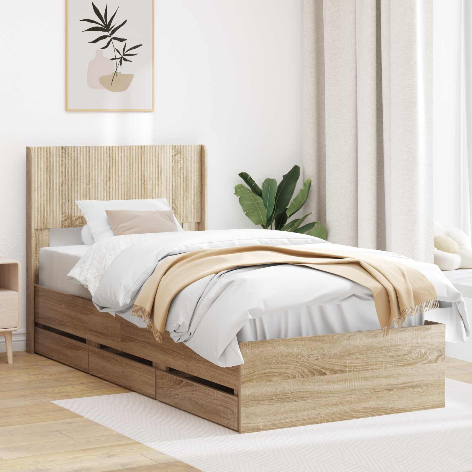 Bedframe met opbergruimte en hoofdbord Sonoma Eiken 90 x 200 cm – afbeelding 1