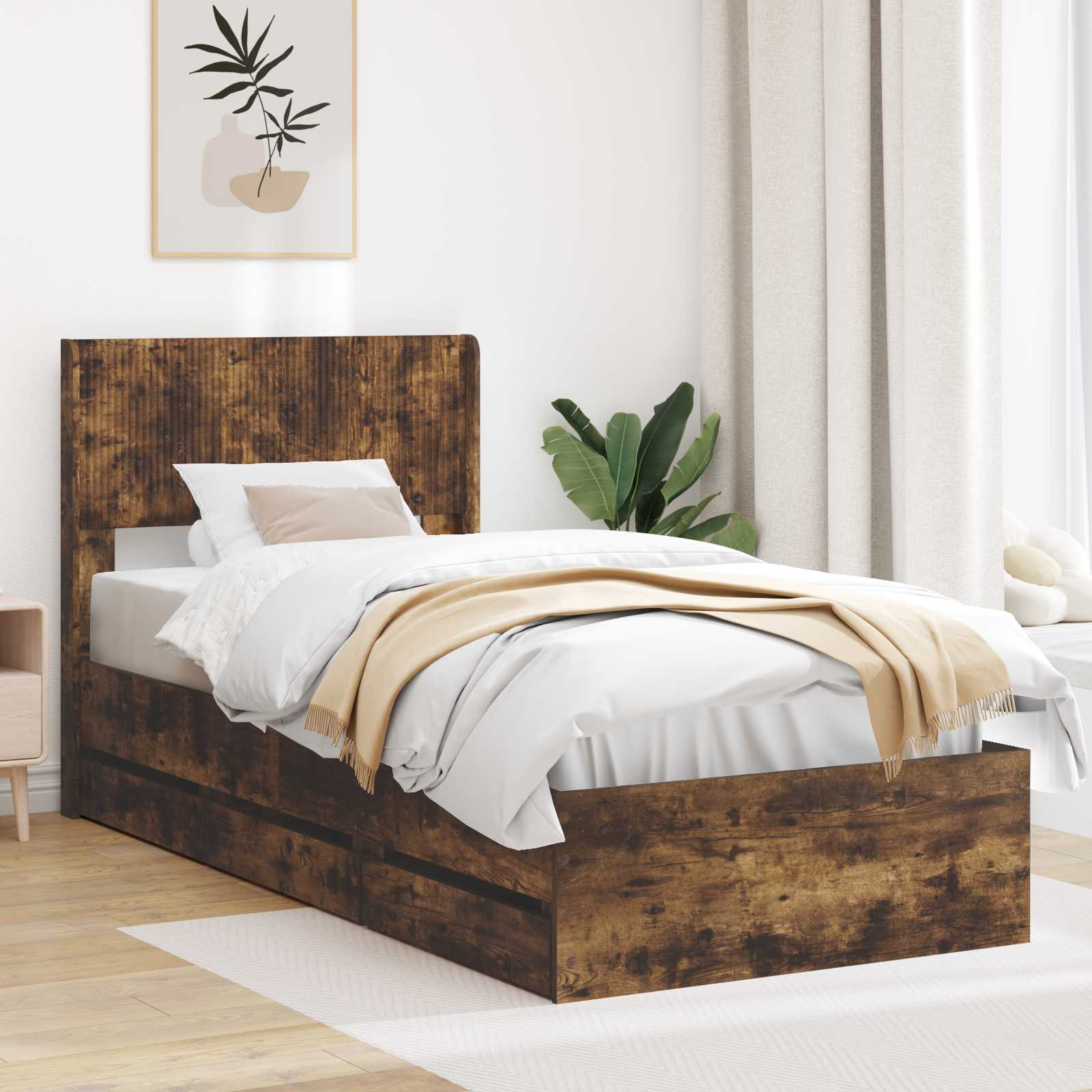 Bedframe met opbergruimte en hoofdbord Gerookt eiken