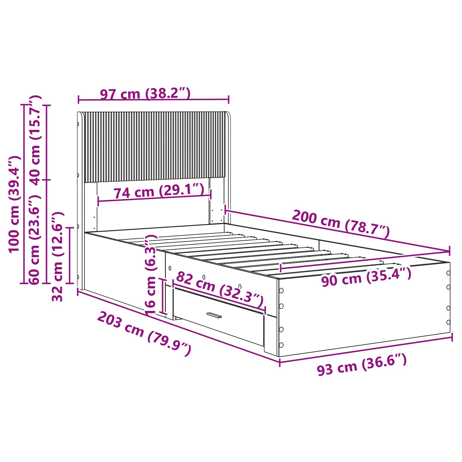 Bedframe met opbergruimte en hoofdbord Gerookt eiken – afbeelding 12