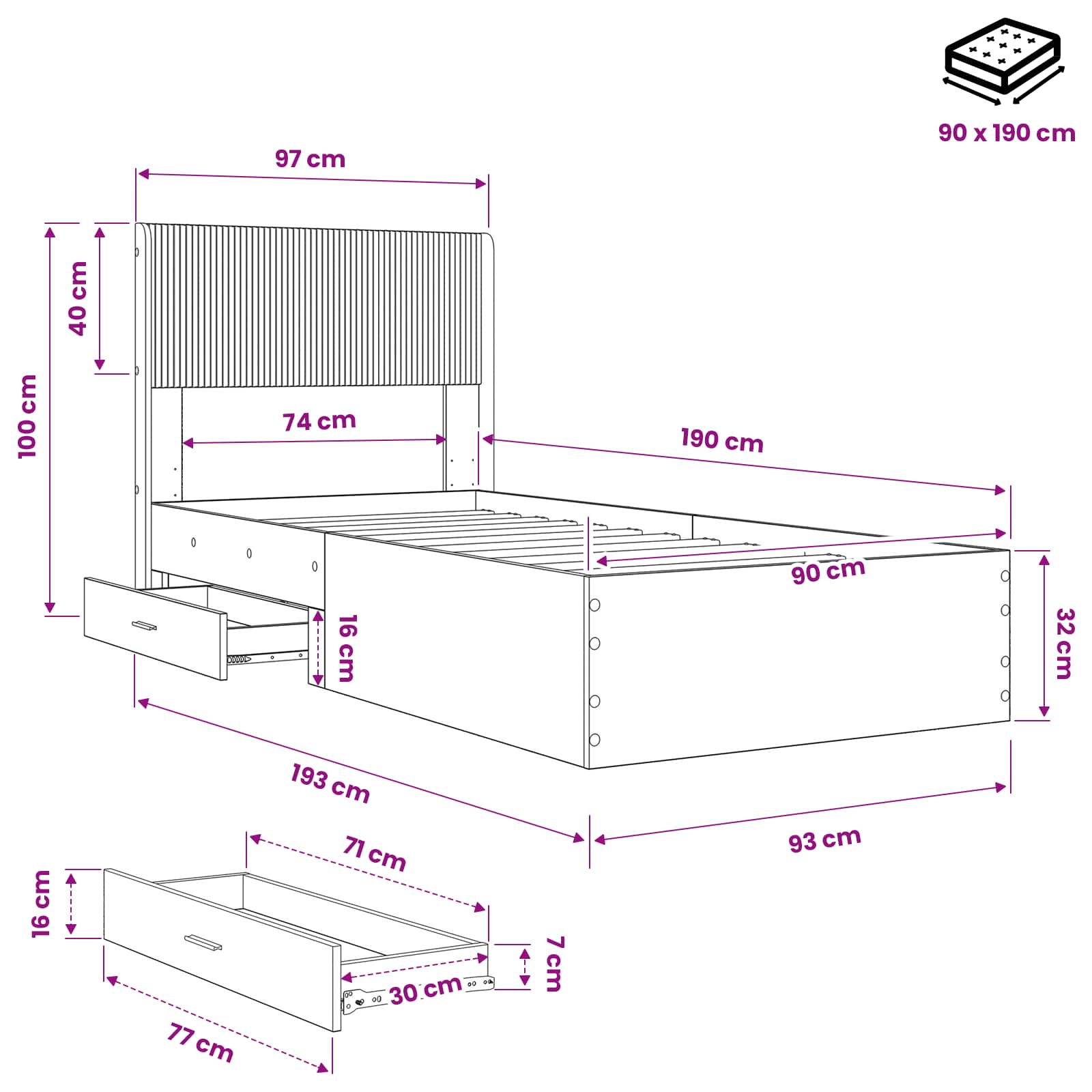 Bedframe met opbergruimte en hoofdbord Wit 90 x 190 cm – afbeelding 12