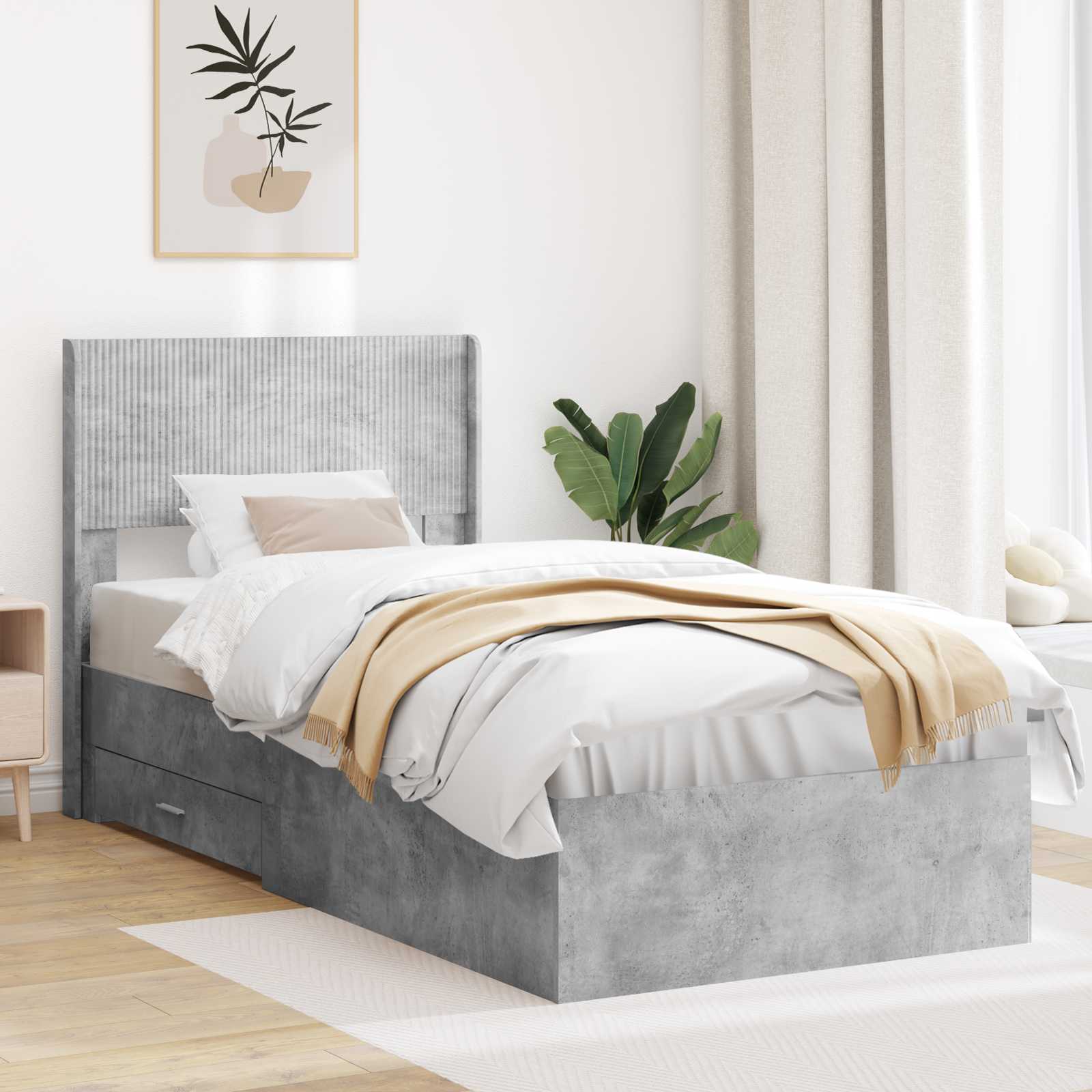 Bedframe met opbergruimte en hoofdbord Betongrijs 90 x 190 cm – afbeelding 1