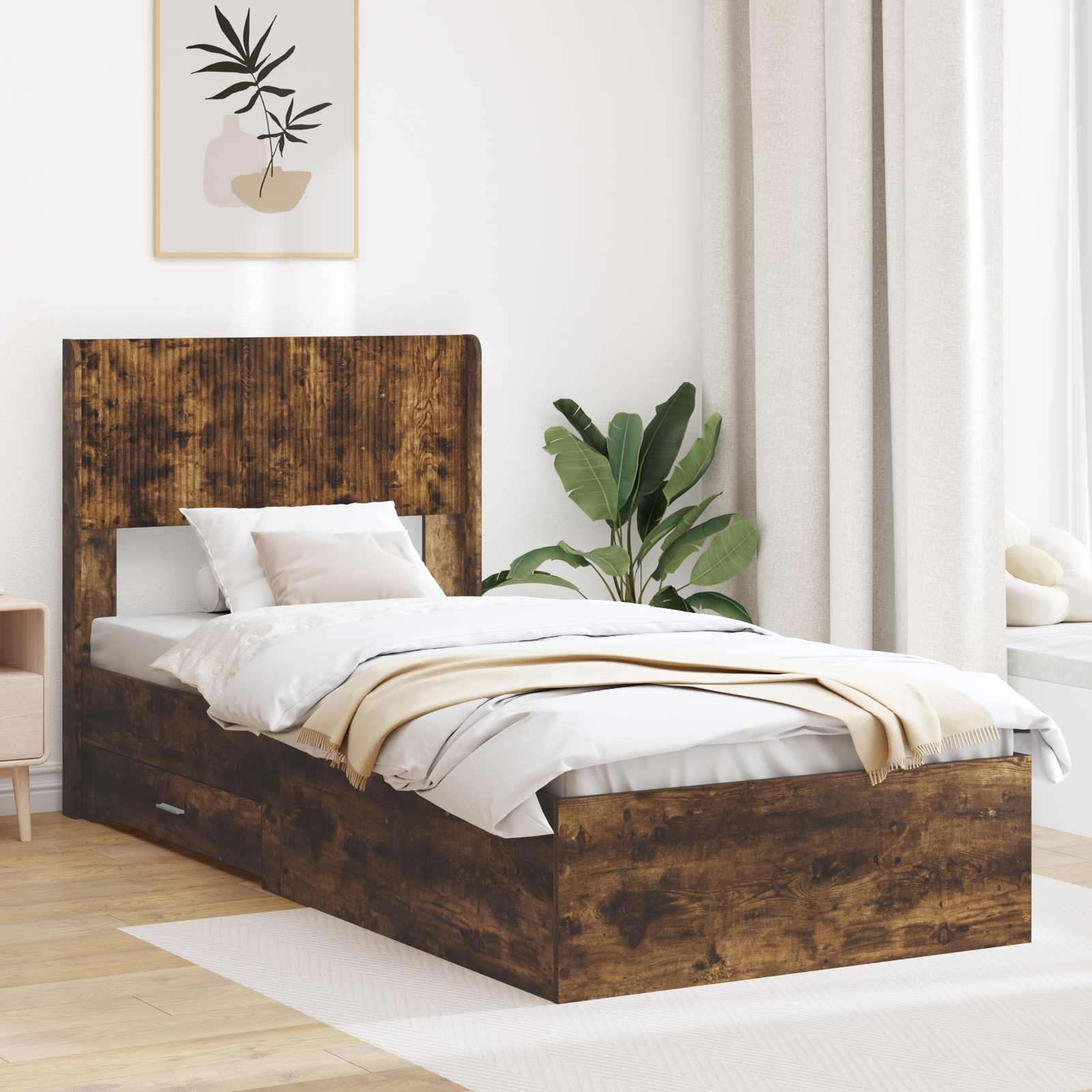 Bedframe met opbergruimte en hoofdbord Gerookt eiken