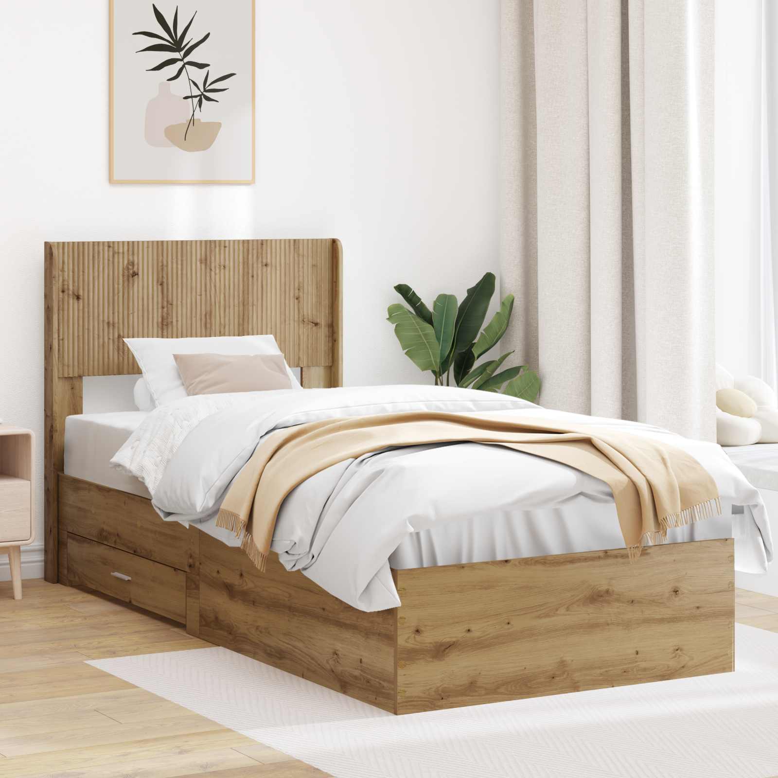 Bedframe met opbergruimte en hoofdbord Artisanaal eiken – afbeelding 1