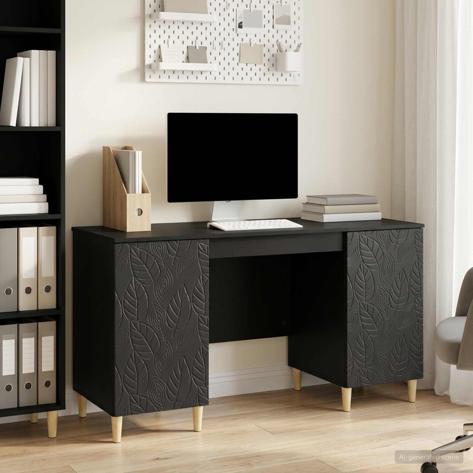 Bureau Zwart Bewerkt hout 142,5 x 50 x 75 cm – afbeelding 1