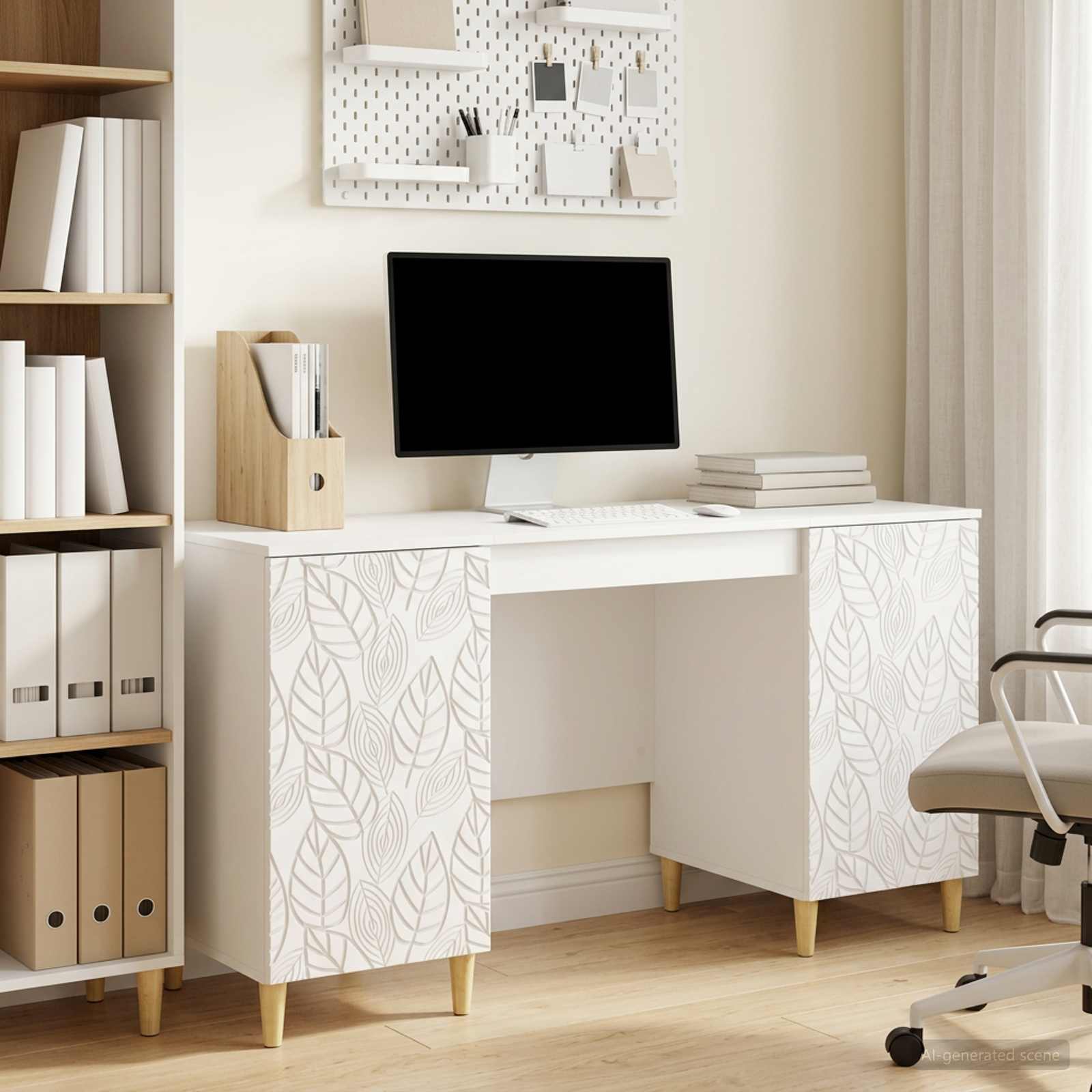 Bureau Hoogglans Wit Bewerkt hout 142,5 x 50 x 75 cm – afbeelding 1