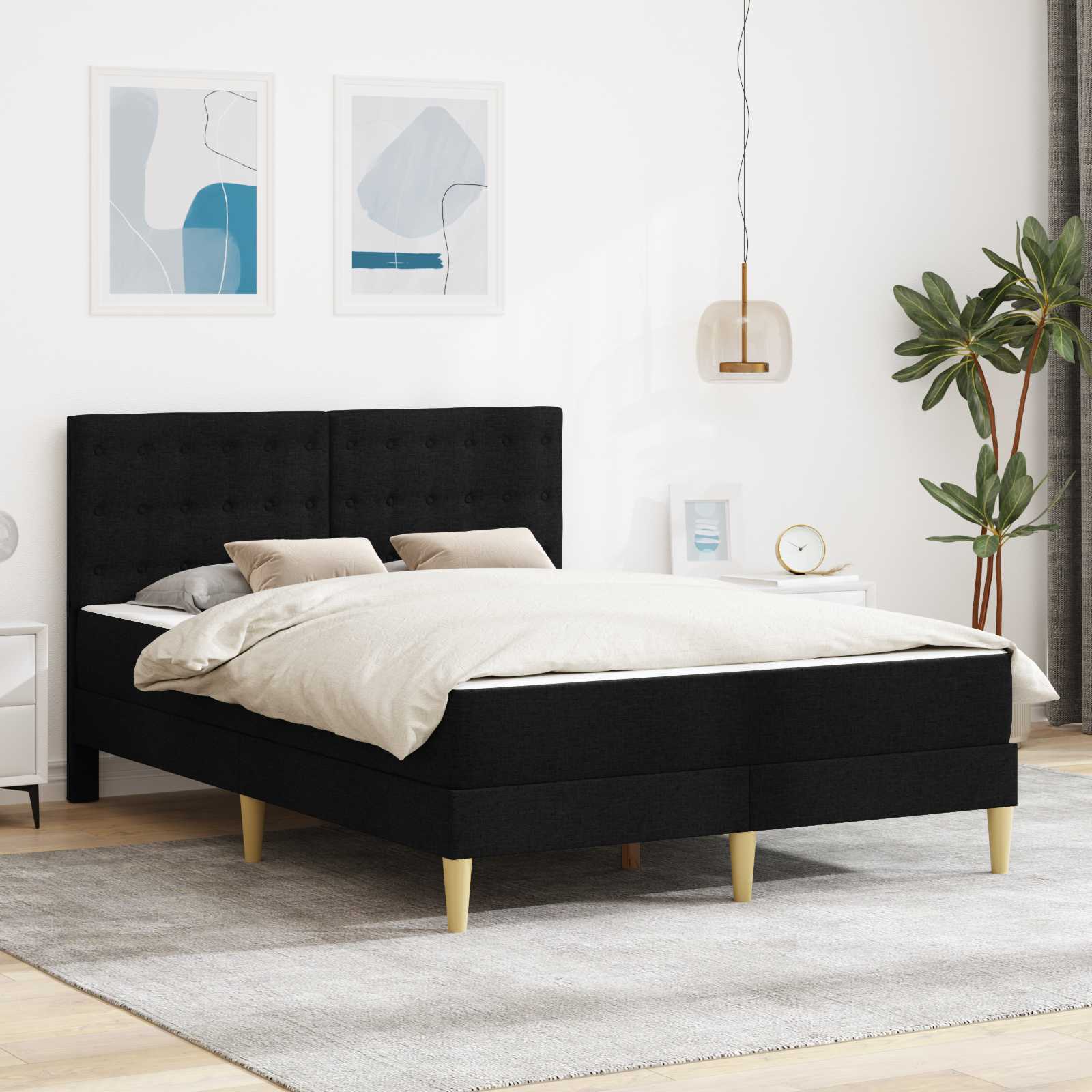 Bedframe met matras met hoofdeinde Zwart 140 x 200 cm Stof – afbeelding 1