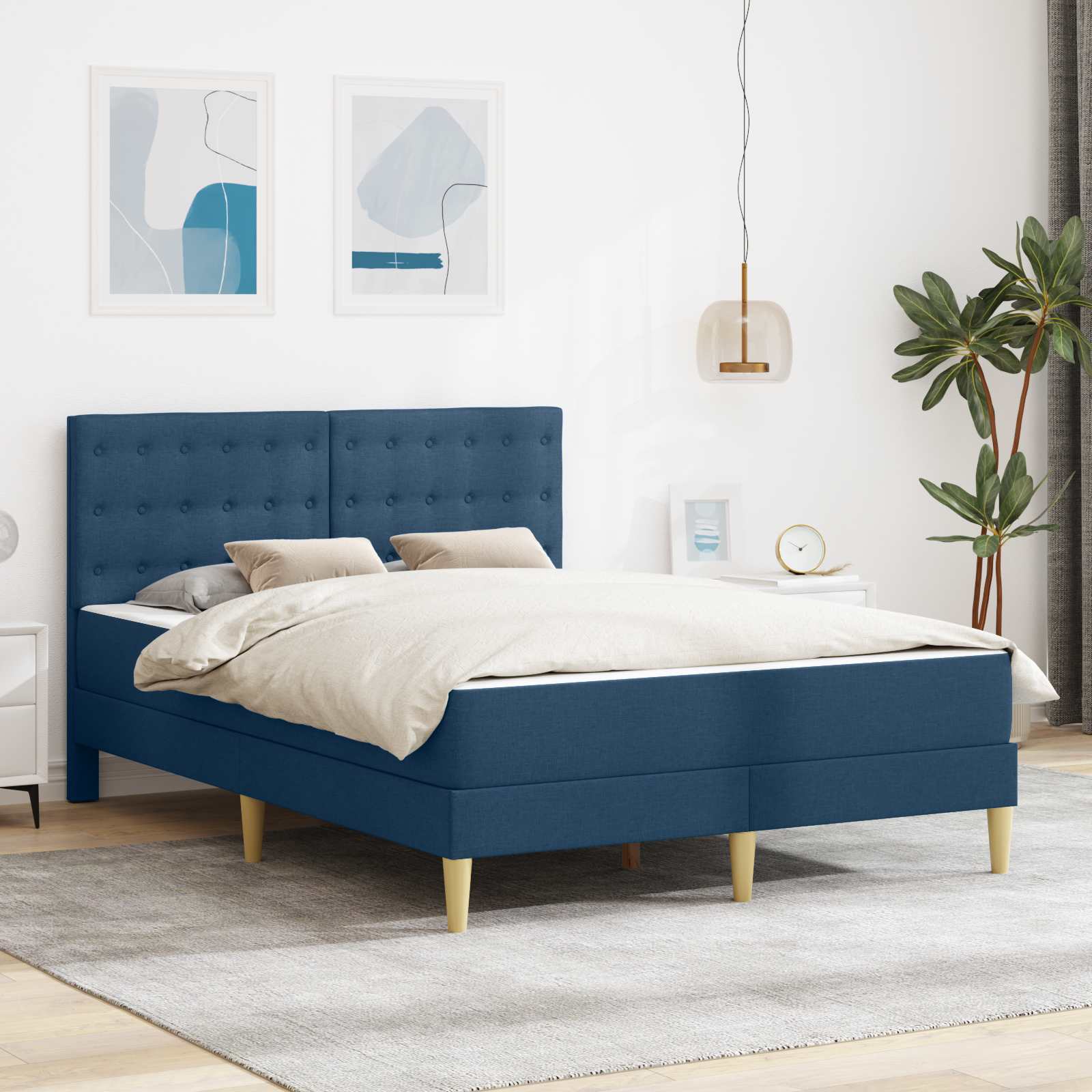 Bedframe met matras met hoofdeinde Blauw 140 x 200 cm Stof – afbeelding 1