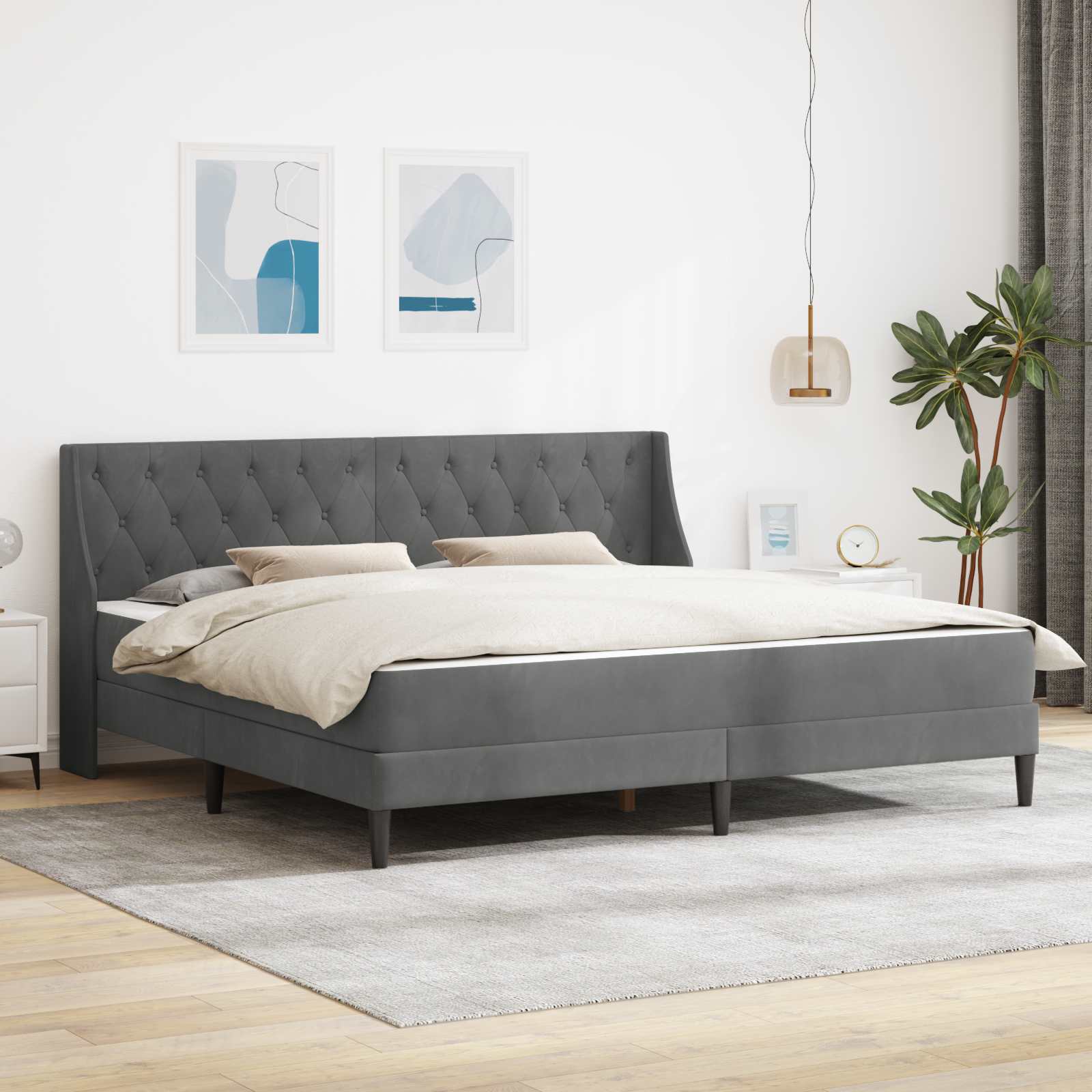 Bedframe met matras met matras Donkergrijs 200 x 200 cm Fluweel – afbeelding 1