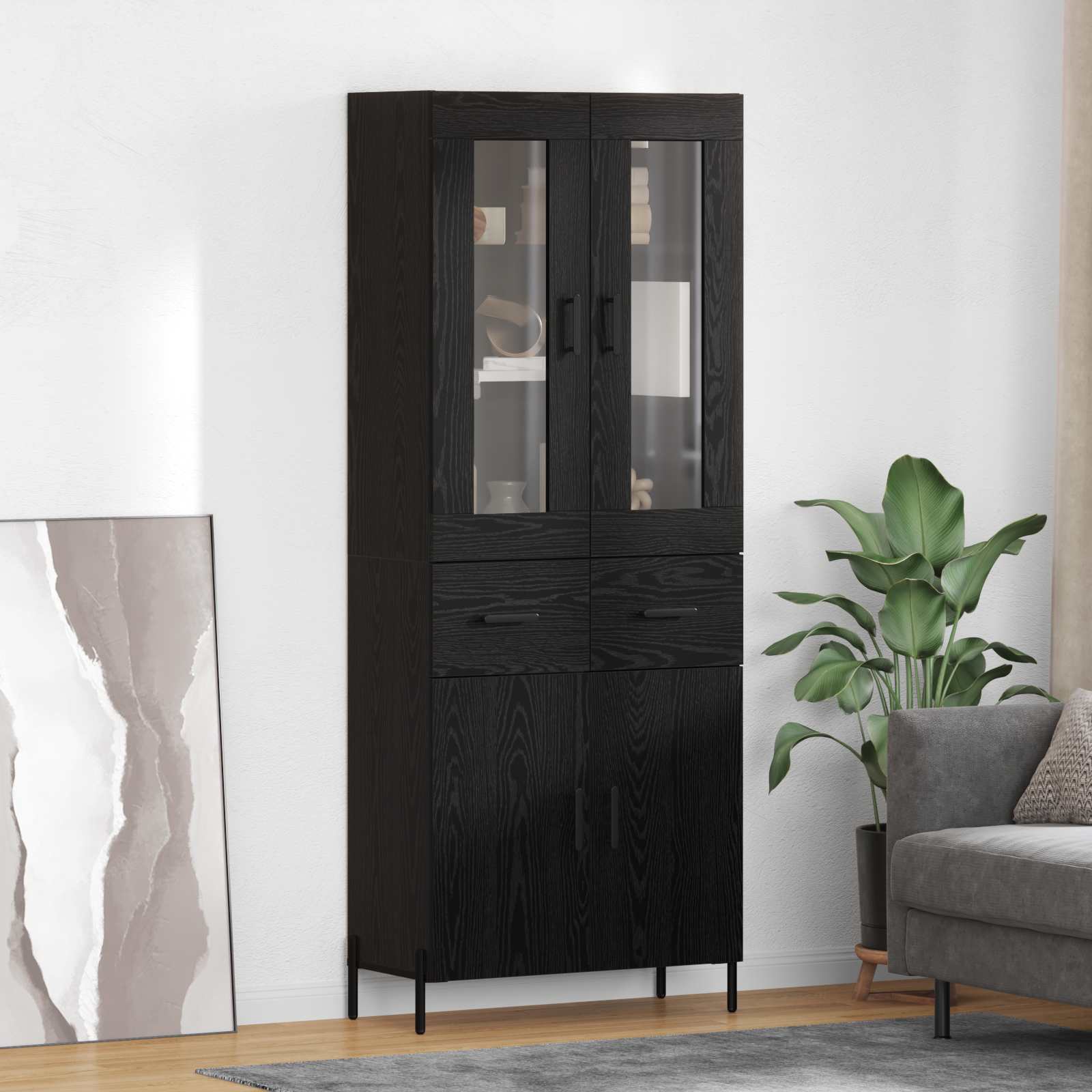 Highboard met lade Zwart Eiken 69,5 x 34 x 180 cm Bewerkt hout – afbeelding 1