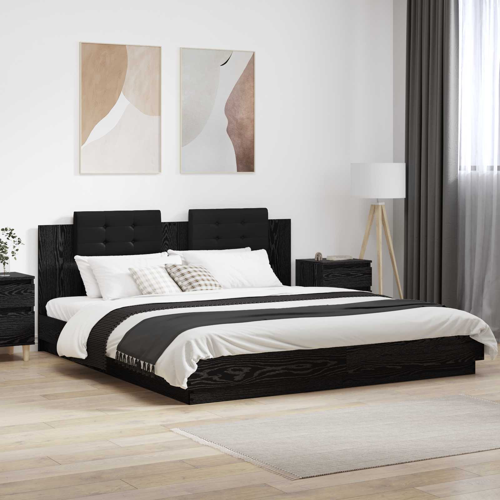 Bedframe met Hoofdeinde Zwart Eiken 200 x 200 cm Bewerkt hout – afbeelding 1