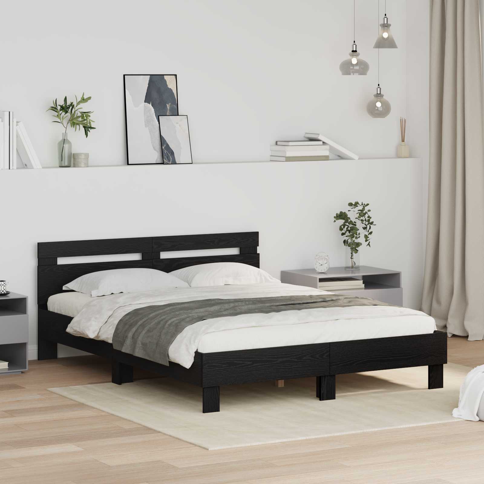Bedframe met hoofdeinde Zwart Eiken 120 x 200 cm Bewerkt hout – afbeelding 1