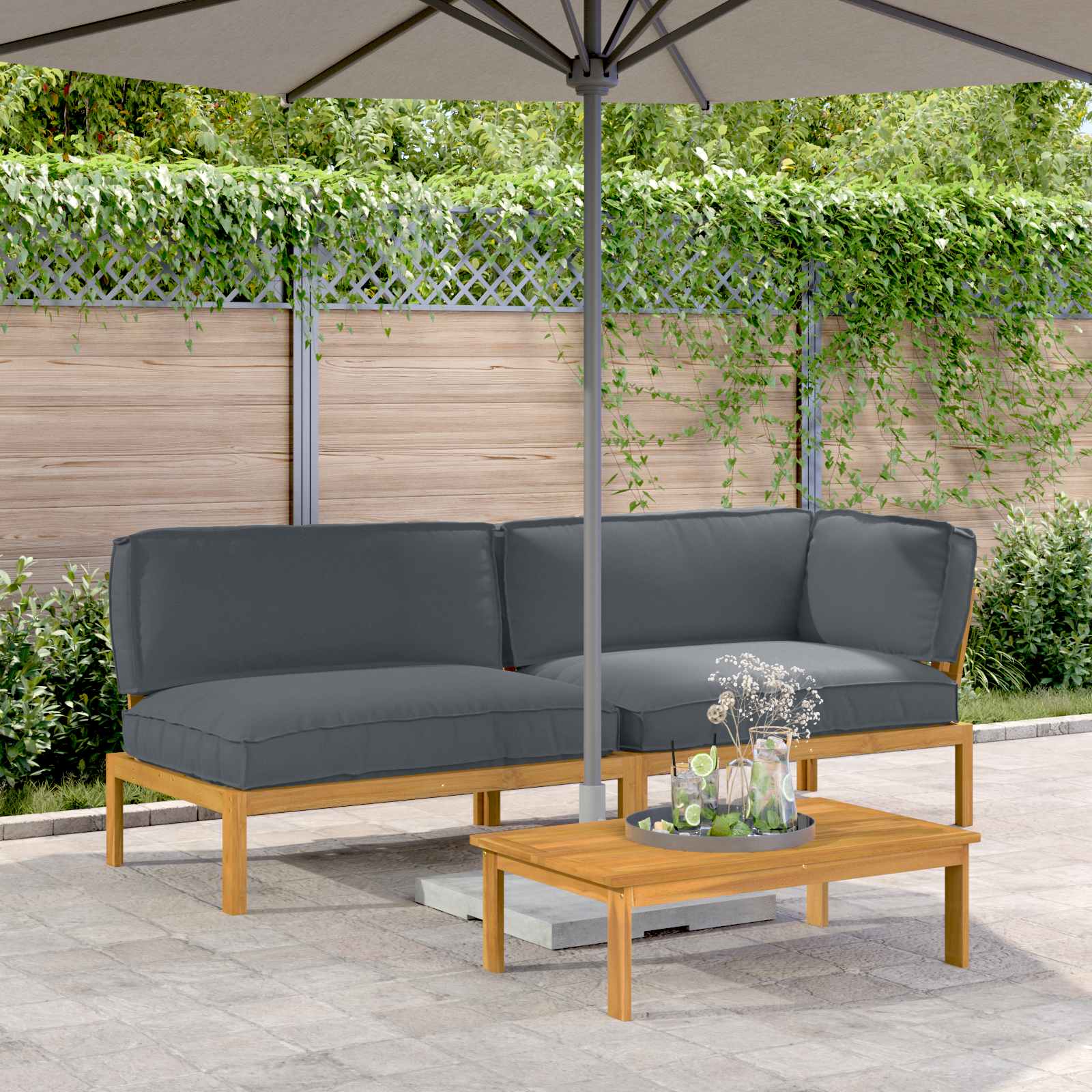 Bankstel met kussen Effen 3 pcs Antraciet Massief Acaciahout – afbeelding 1