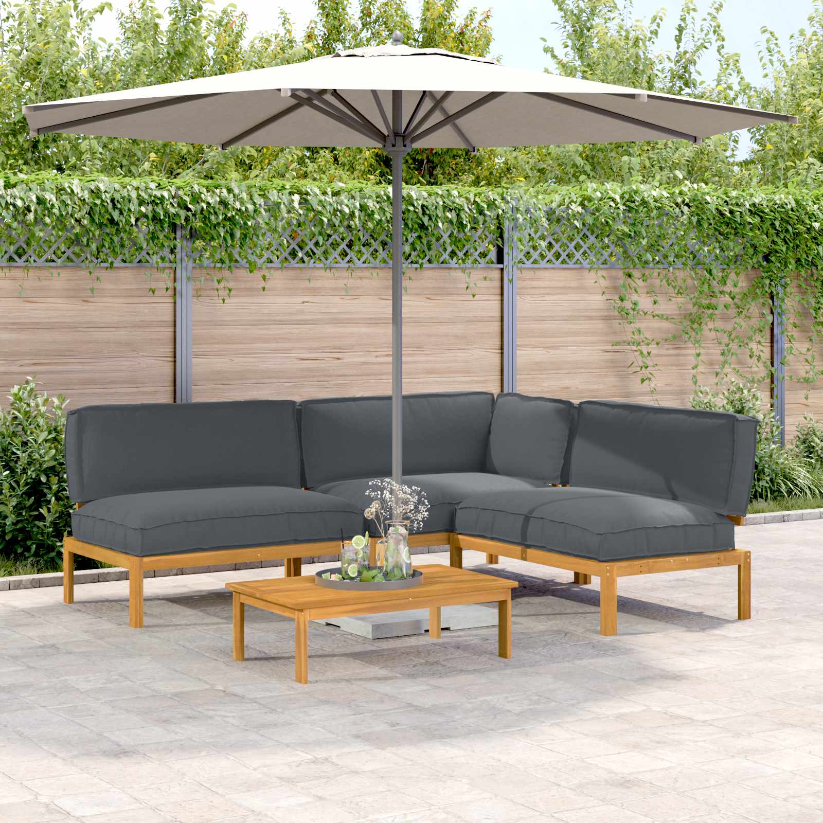 Bankstel met kussen Effen 4 pcs Antraciet Massief Acaciahout – afbeelding 1