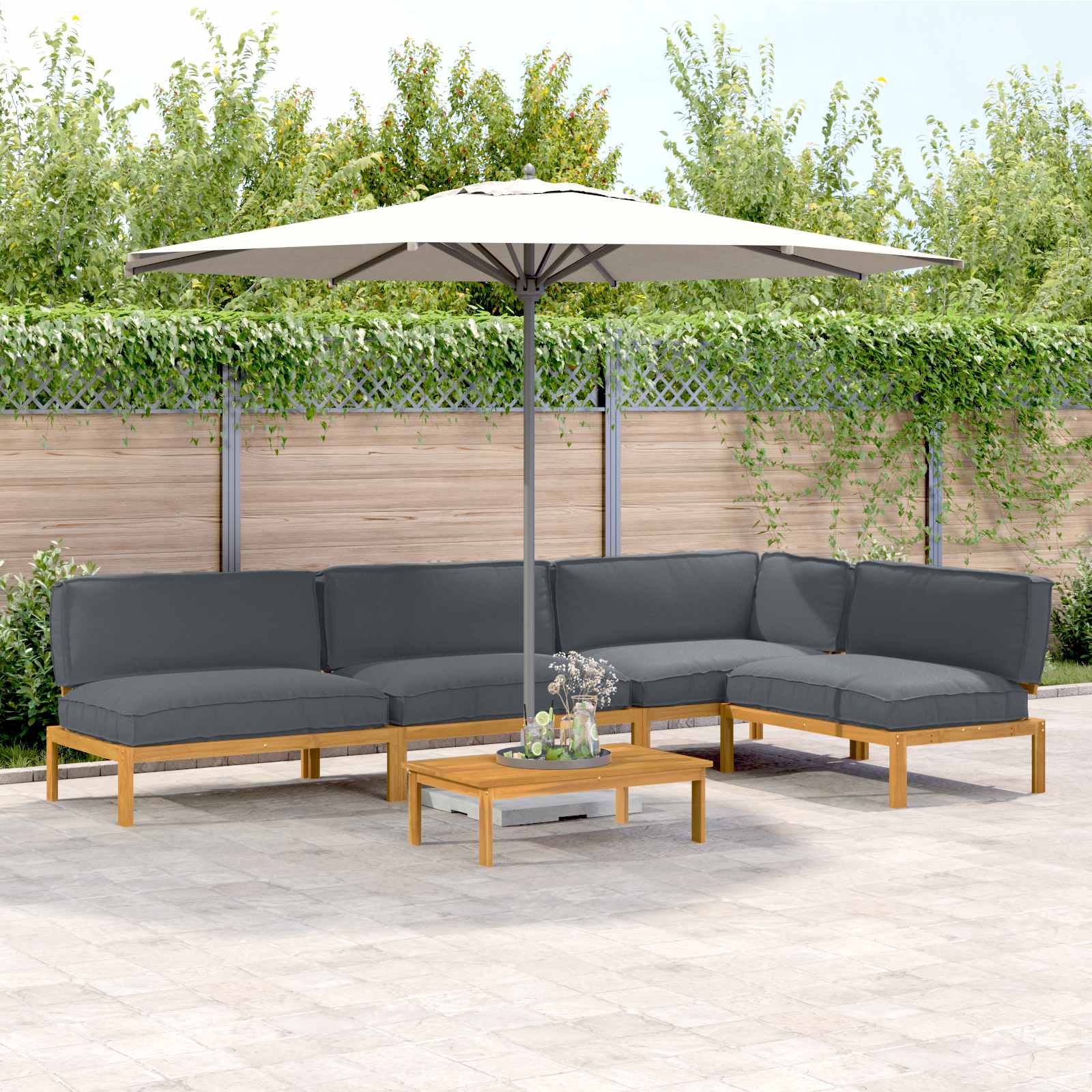 Bankstel met kussen Effen 5 pcs Antraciet Massief Acaciahout – afbeelding 1