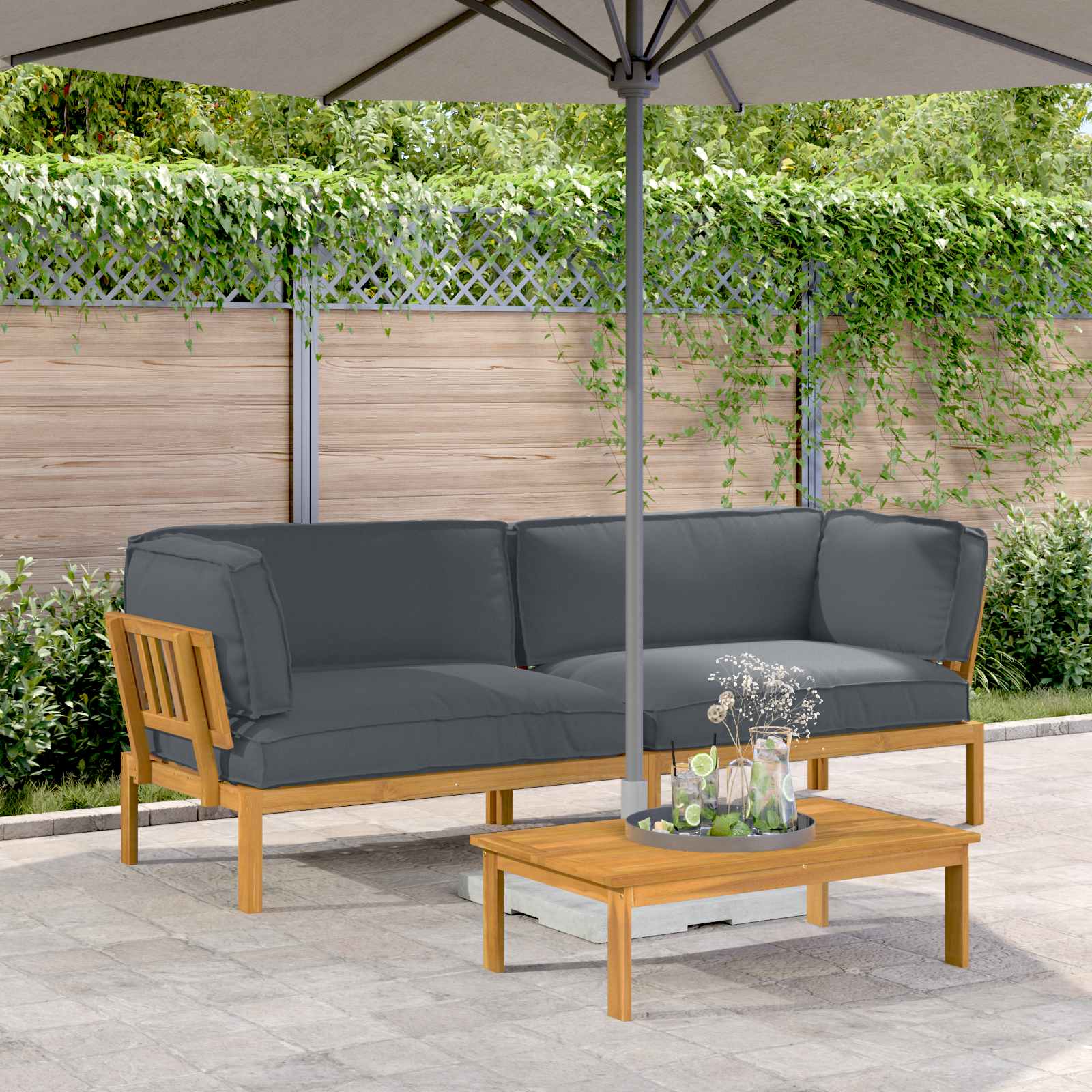 Bankstel met kussen Effen 2 pcs Antraciet Massief Acaciahout – afbeelding 1