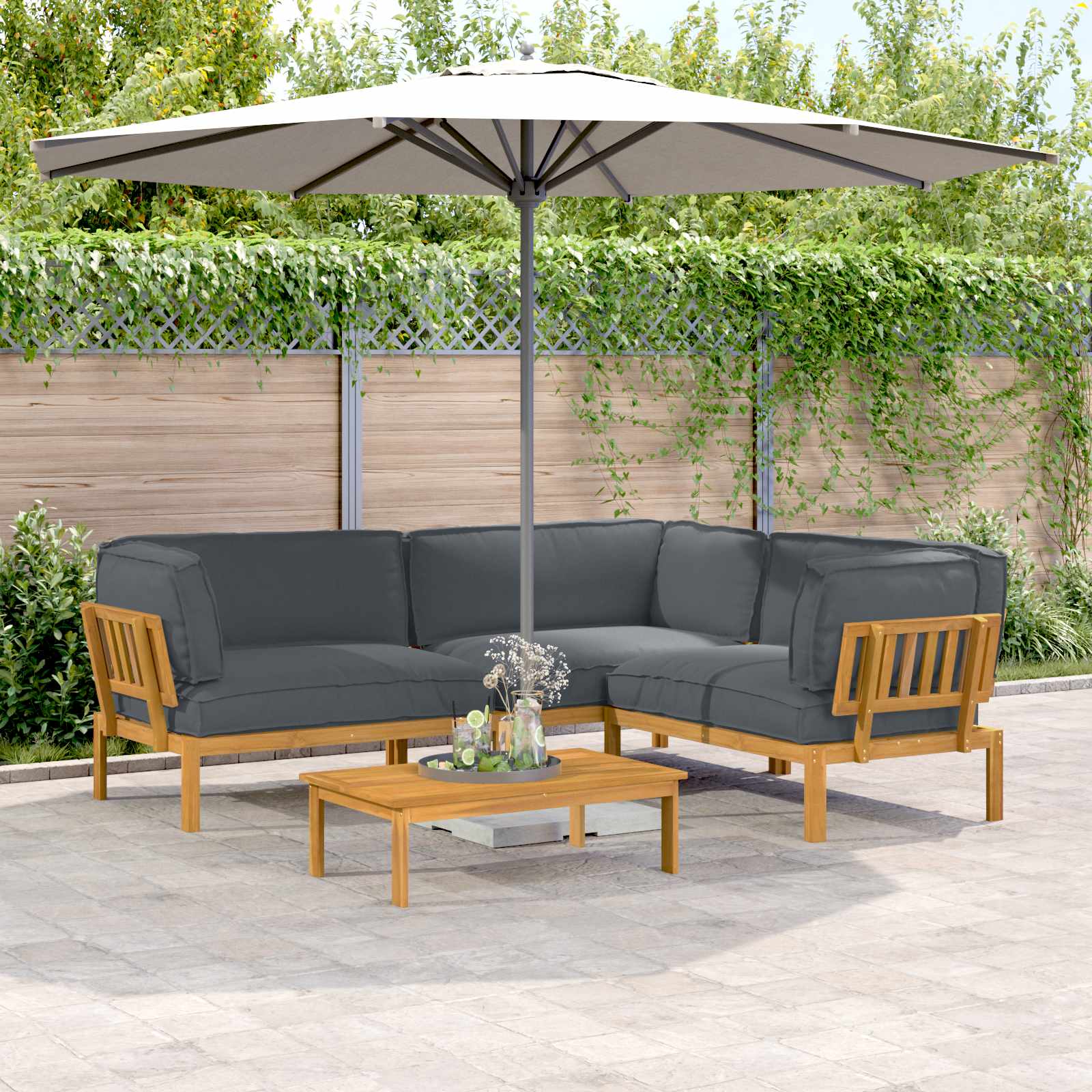 Bankstel met kussen Effen 4 pcs Antraciet Massief Acaciahout