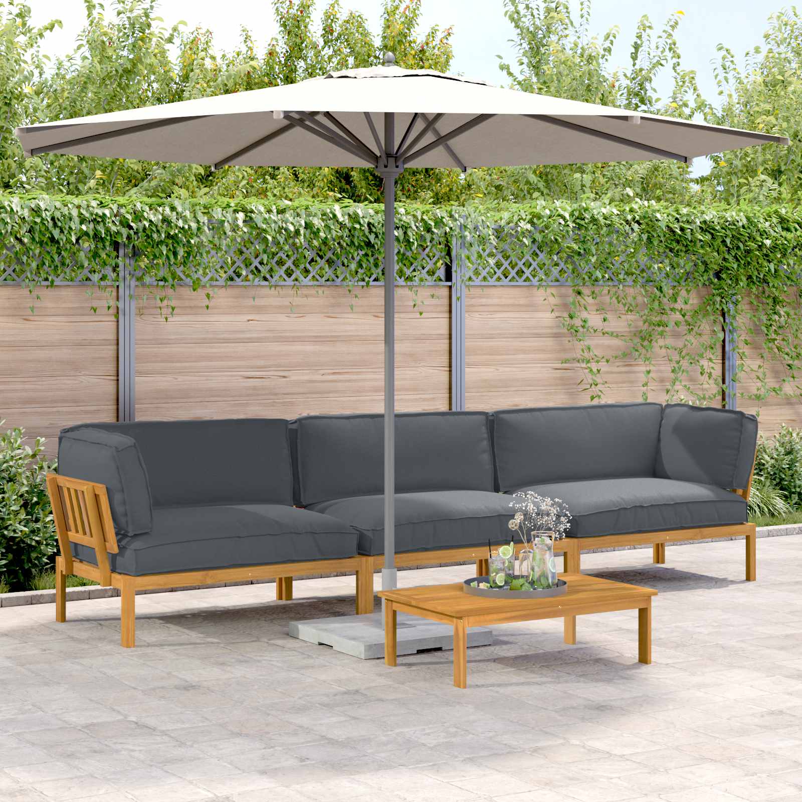 Bankstel met kussen Effen 4 pcs Antraciet Massief Acaciahout