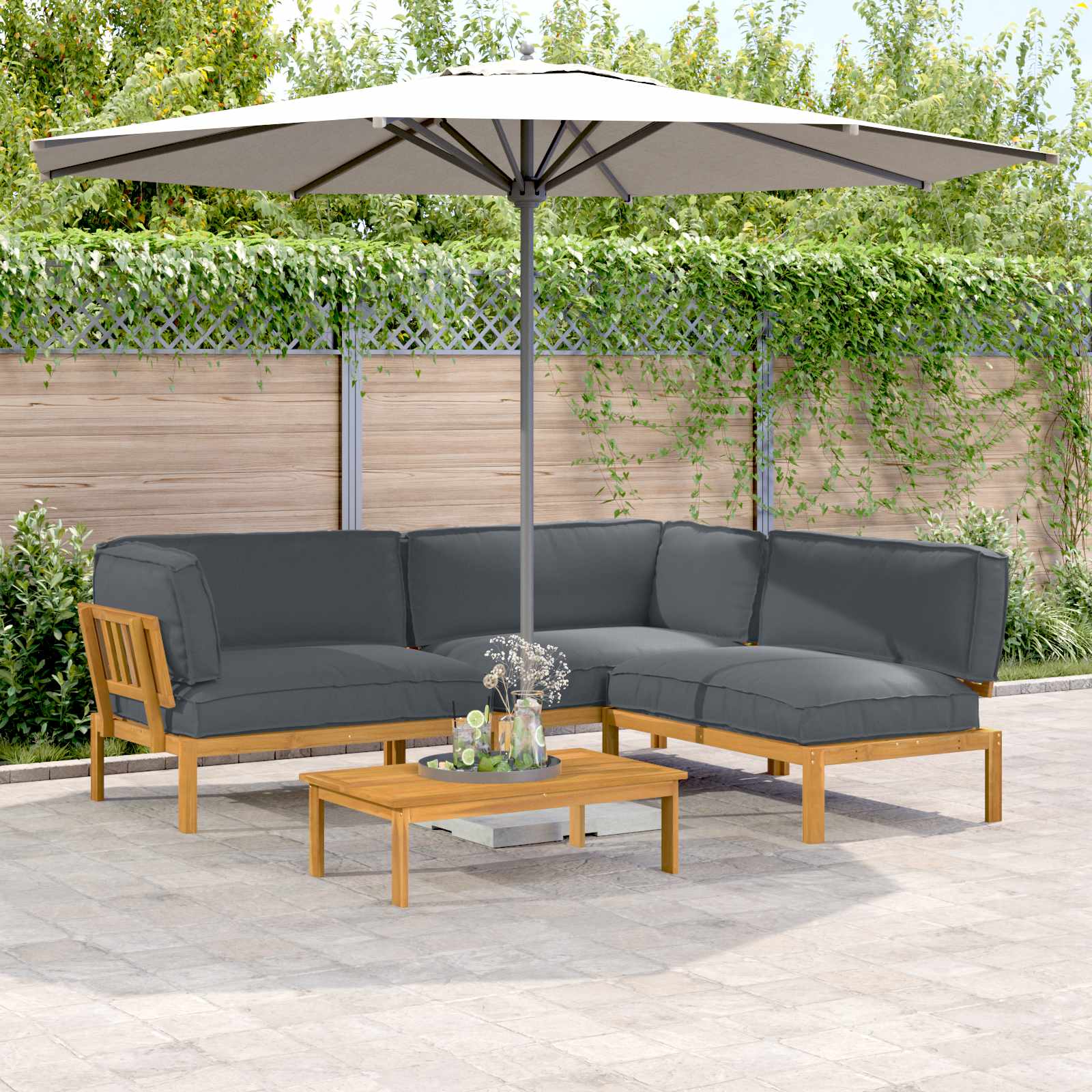 Bankstel met kussen Effen 4 pcs Antraciet Massief Acaciahout