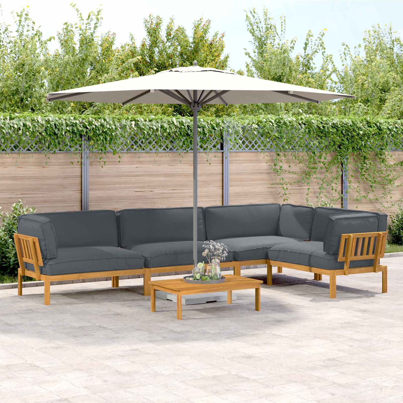 Bankstel met kussen Effen 5 pcs Antraciet Massief Acaciahout
